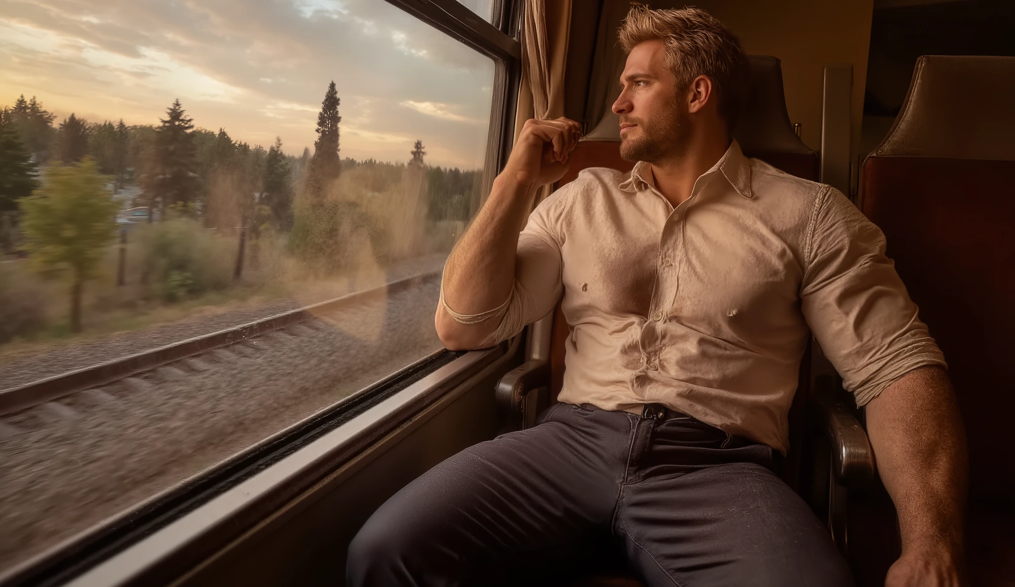 Masterpiece, Accurate, Award Winning, Best Quality, Extremely Detailed, 8K, HD, Super-Resolution, Dynamic Depth of Field, Photorealistic, Full Coloured, Realistic Skin and Hair Texture, ((a 30-year-old good looking man, handsome Caucasian man with golden blonde hair, a strong angular jawline, high cheekbones, and piercing blue eyes, seated on a train bathed in warm, golden sunset light, gazing out of the window)). His ((unbuttoned, slightly oversized shirt drapes over his broad hairy shoulders and hairy muscular chest, the soft fabric resting lightly against his defined torso, exposing the deep ridges of his abs and obliques)). His ((fitted jeans contour to his cock outline and powerful thighs, highlighting the structure of his lower body as he sits in a relaxed posture, one arm resting on the window ledge while the other lies naturally on his thigh)). His ((lips remain slightly parted, his gaze directed at the blurred landscape beyond the train window, where the warm glow of the setting sun casts elongated reflections onto the glass surface)). The ((train’s interior is softly illuminated, featuring plush upholstered seats, polished metallic fixtures catching the golden light, and subtle reflections of passengers in the curved glass windows, enhancing the sense of depth and perspective)). Shot on ((Canon EOS R5, RF 85mm f/1.2L lens, f/2.0 aperture, 1/250 shutter speed, shallow depth of field, golden-hour lighting with high contrast, soft shadows emphasizing the model’s physique, fabric textures, and the reflections along the sleek modern train interior)).