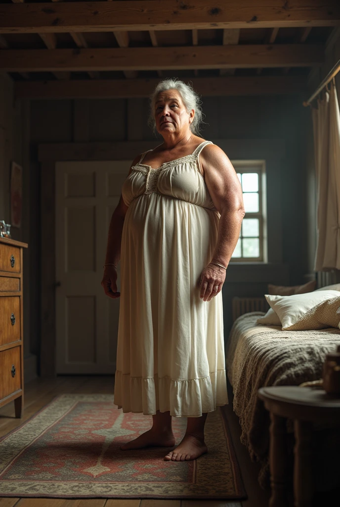 Older over fatty woman over 60 in night dress in room full body
