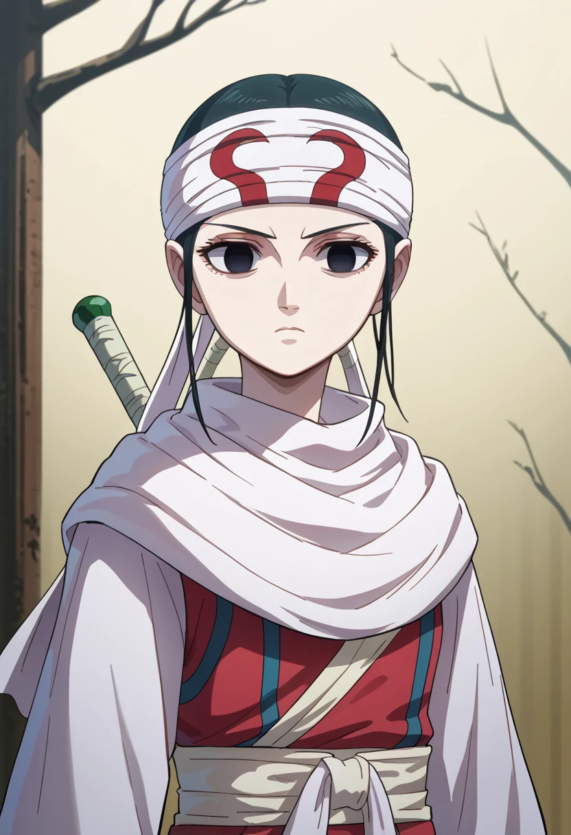 (((emotionless))) (((expressionless))) (((((empty eyes))))) ((((masterpiece)))), super detail, high details, high quality, best quality, highres, 1080P, 8k, 16k very accurate clothing sharp gaze score_9, score_8_up, score_7_up, ((headband on forehead)) detailed clothing beautiful girl , white sash belt tilt head