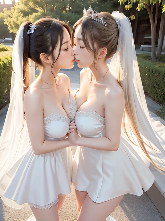 masterpiece, ((Highest quality, Detailed and realistic 3D))、wedding、(Two cute、A good friend、Standing side by side、kawaii:1.4、12 years old、smile:1.3、smile、Mr.々Hair style、pubic hair、Smaller breasts)、(((Full nudity、Exposing the breasts、Pussy)))、(Realistic and detailed skin texture、pale pastel wedding dresses:1.2、gem、hair ornaments、Veil、See-through)