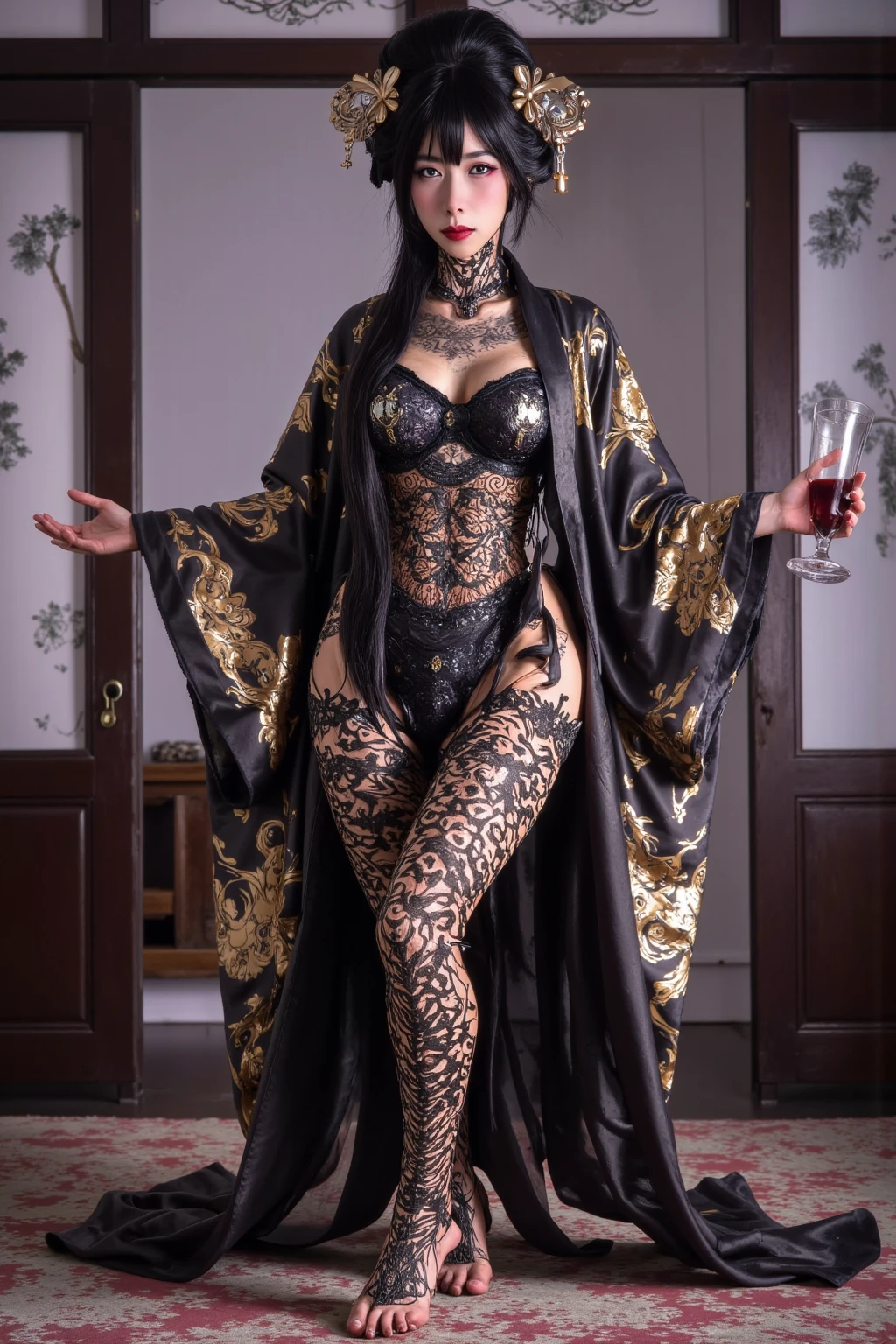 Ancient Chinese architecture,Female warriors in national style,Wear revealing armor,Simple clothing, Minimalist style,Mixed Chinese and American races,The background is blurred out,focal,Cowboy shot,电影灯光,(((tmasterpiece))), ((best qualtiy)), ((Complex and detailed)), ((ultra-realistic realism)), Ridiculous resolution, A MILF, Mature woman, ssee-through, highly detailed, illustratio, 1girll, (mediuml breasts), Thin waist and thick hips,long leges,beatiful detailed eyes, short detailed hair, brunette color hair, a purple eye, blackstockings,lacy clothing,with faintly visible,Cool armor,The body proportions are perfect,(No underwear:1.2),detailed back ground, perfect eyes, Seductive eye, (nice hand),Detail hands,looking at viewert,From the front,Wear light,juicy legs,deep v big breasts,Tattooed with