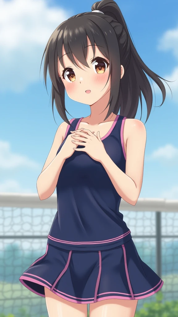 1 female,black hair,((12 years old)),(((gym clothes and shorts)))(())(((blush、open mouth smile)),(((Yuki Mikan))),((())),crowd,(()))(baby girl body shape)(((small breasts)))sexy pose,((wet with sweat))((()))outdoor playground