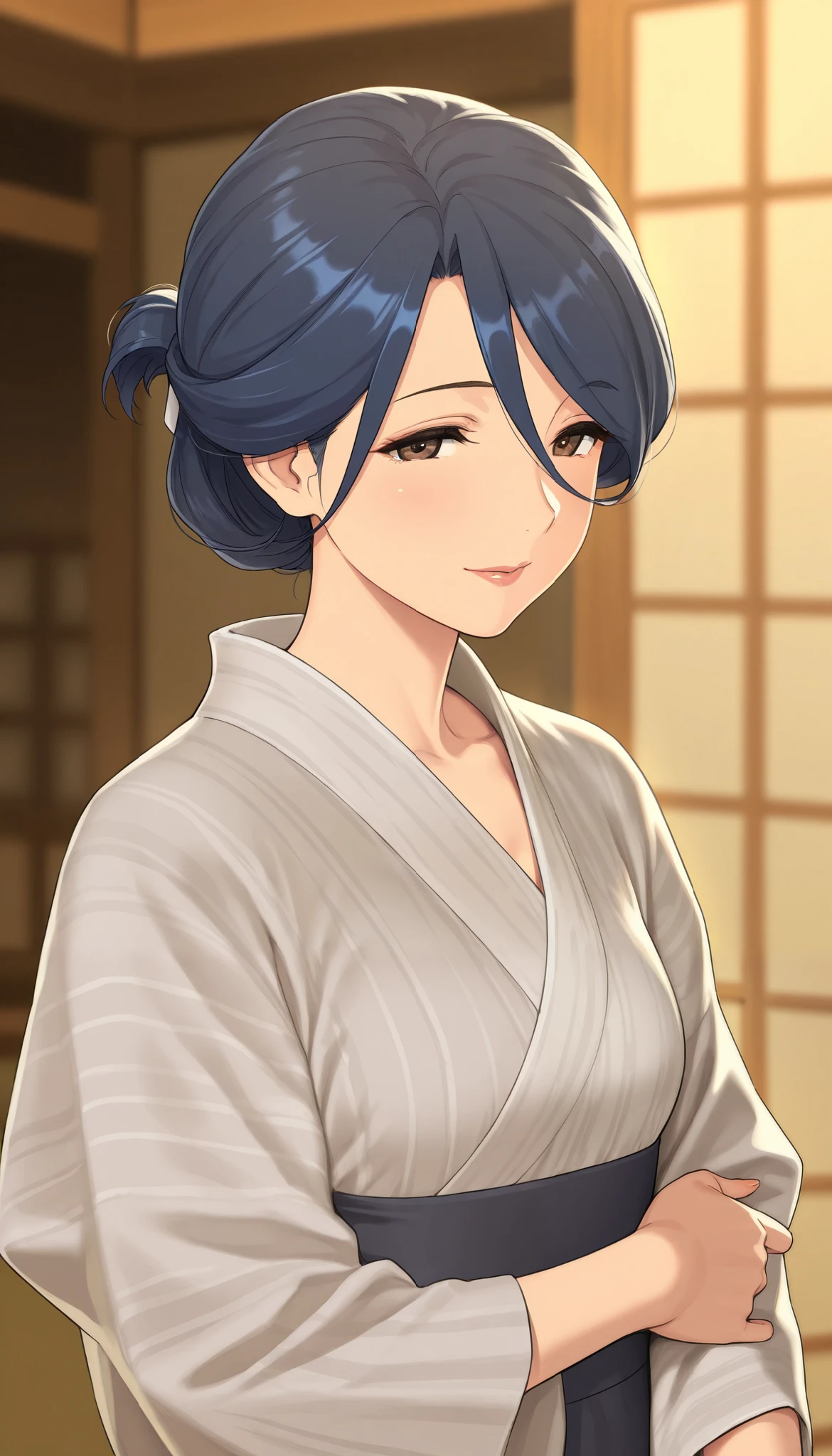 mature woman, housewife, Blue Hair, hair between eyes, chignon hair, The costume of the Japanese inn's wife, Chest, Mature Woman, Soft light, High Precision, best quality, upper body,  small breasts 、Larger clothes