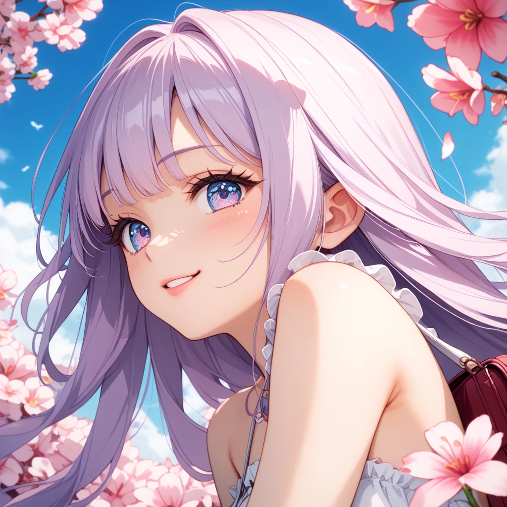 (masterpiece:1.4、top-quality、illustration:,realistic、)、(character focus、,upper body:1.3)、(1girl),(Open mouth light smile:1.3),(),cute face,blue eyes、(tareme:1.3)、from above
(on back
:1.4),(pink blonde　hair),(very long hair:1.3)、
,(Flower Field、Flower storm:1.3),（white camisole dress:1.5),
(blunt bangs),(volumey,sidelocks,wavy hair:1.3), (small breasts:1.3)、
、slender、