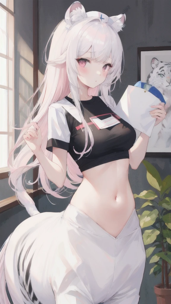(best quality, masterpiece), 1 girl, centaur, It takes, White skin, Korean , daughter, school, studying,black pink,Smiling, exposing the abdomen, belly button t-shirt , 아름다운 소녀 perfect white tiger photo, perfect white tiger photo