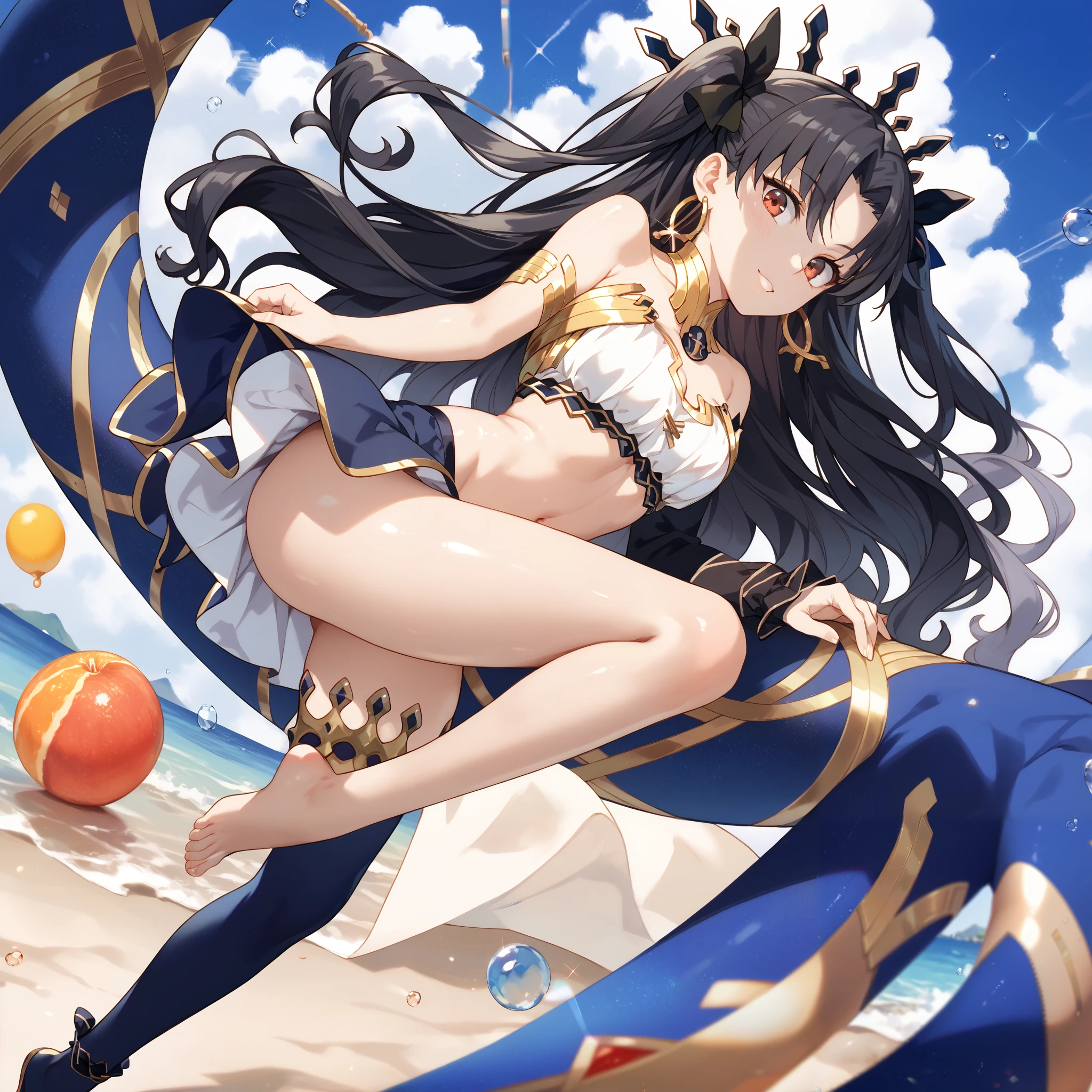 (ancient city of Babylonia:1.4),arms up, stretching, ishtar (fate),two side up, long hair, black hair, 1girl, red eyes, small breasts, thighs,single thighhigh, white bikini, sweat, best quality, masterpiece, ultra high quality, 8K UHD HDR,