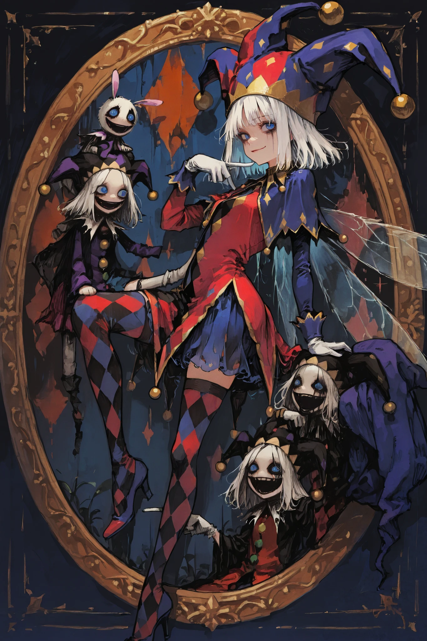 complex color pencil sketch, court jester girl, solo, puppet pose, expressive face, one hand resting on her knee, other hand raises a single finger, jester hat, fairy wings, white gloves, pointed, jewelry, argyle patterned stockings, medium hair, white hair, blue eyes, arched back and hips pushed outward in a dynamic stance, 1girl surrounded by decorative borders and art deco frame, watercolor style, shading by pencil hatching, fine line shadow expression, creepy, cute, ethereal, ultra-detailed illustration, masterpiece, best quality, beautiful and aesthetic art, amazing quality