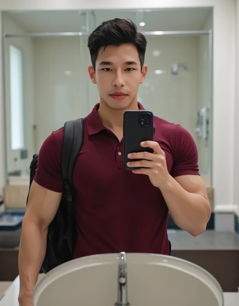 Handsome asian man, six pack, wearing sunglasses, carrying a backpack, naked showing his large, thick and straight dick, rising to the top of a large, long, muscular shaft, pointing upwards, perfect penis head, shaking the dick, semen coming out at the tip of the penis . Location in the gym locker room, smiling expression.