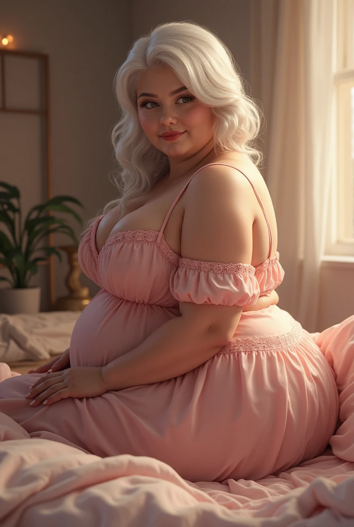 facing at camera,Raised sexy,rainy days,Lying in bed,Raise your feet and spread outward,Mature face,a matural female,Long fluffy blue and white hair,Ultra-loose casual cotton garment,Ruddy complexion,open waist