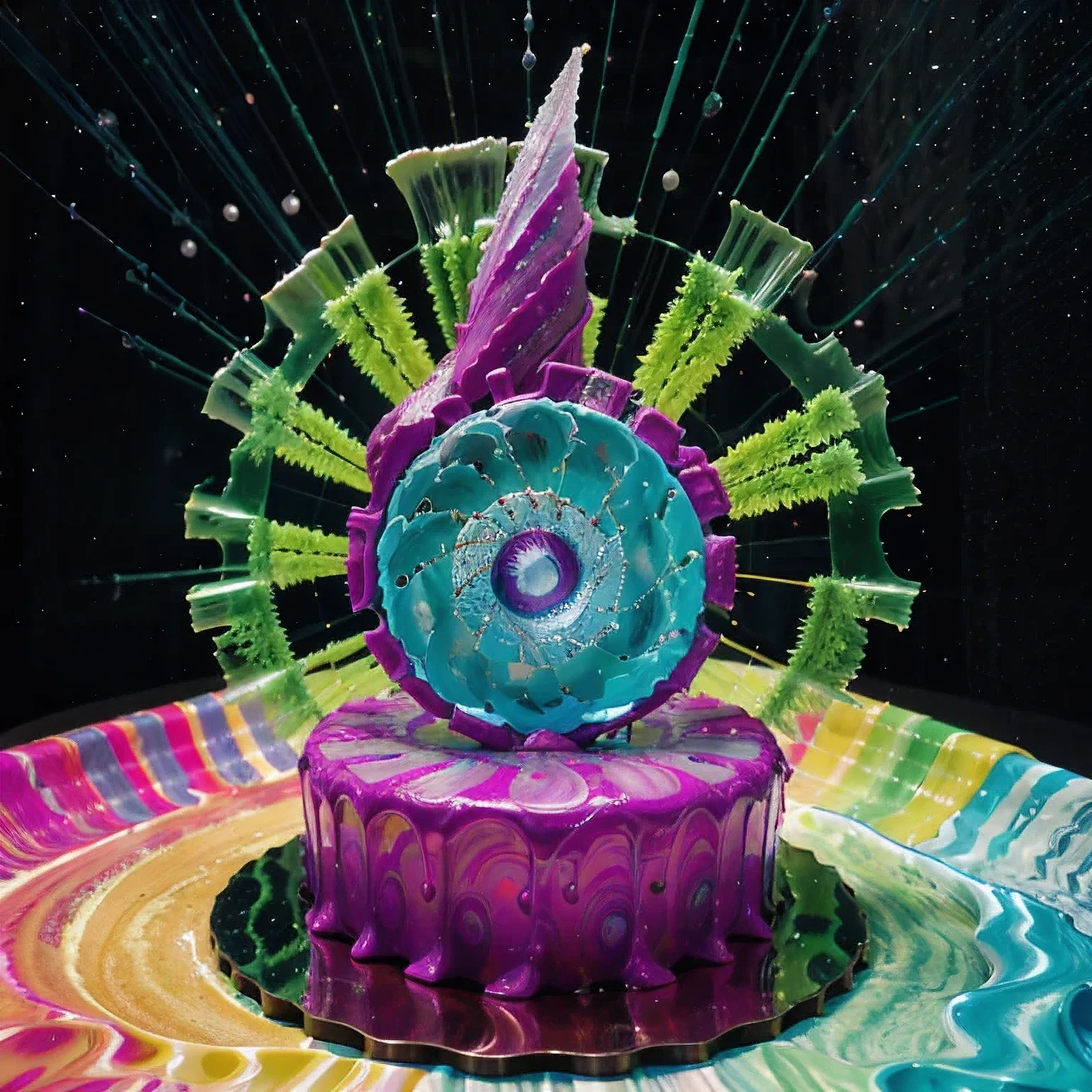 Seabed ice sheet background，detailed armor, ornate headdress, samurai helmet（（（Dynamic rotating concentric circles）））（Dynamic rotation of concentric circles）Mandala is the result of the long journey of creating concentric circles of liquid color, there is a glass bowl with a green and purple swirl inside, simulacrum of a space fungus, alien flower, distant nebula are glowing algae, inspired by Otto Piene, inspired by Earnst Haeckel, top down extraterrestial view, covered with ferrofluid. dslr, translucent algae ornate, the eye of the universe, anatomical fractal，which interact through transparency, refraction, reflection, and collision. The ultimate goal is to showcase unique, detailed, and aesthetically pleasing images that capture the audience's attention through their initial visual impact and stunning details in liquid interactions，there is a cake with a red and yellow center on a blue plate, inspired by Otto Piene, victor antonov, culinary art photography, inspired by Graham Sutherland, colorful ferrofluid armor, inspired by Anish Kapoor, alexandra fomina, david kassan, by Jan Rustem, rudolf is hired, sergey krasovskiy, kai vermehr