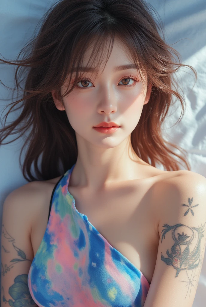 Girl with flower tattoo and piercing, close up:0.8, potrait, facelight, ultrasharp, (zentangled), off shoulder, short hair, colorful hair, colorful eyes, freckles:0.8,