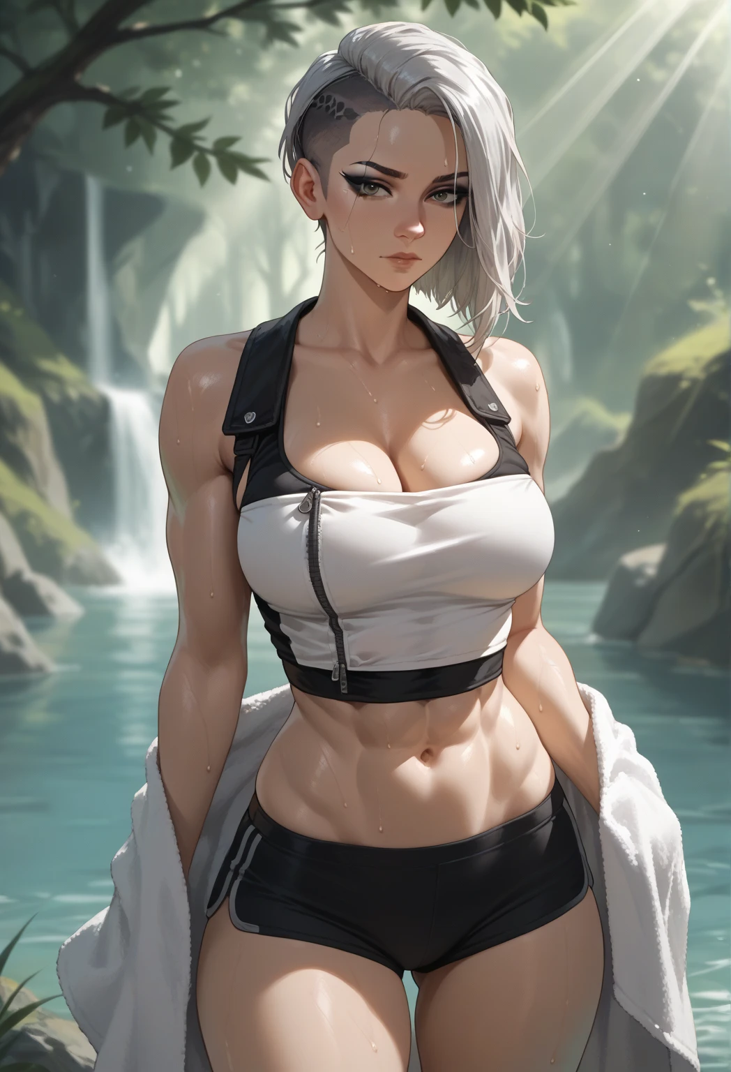 Best Quality, yamanaka ino, (1girl, solo, mature female, Adult woman, abs, muscular body, thick thighs, widehip), hair light, naked breasts, Cyan eyes, Sateen, Forest background, Warm background, Huge-breasts, wide thighs, kitty, Thong with neckline), teats, wet skin, Sperm on the chest, sperm