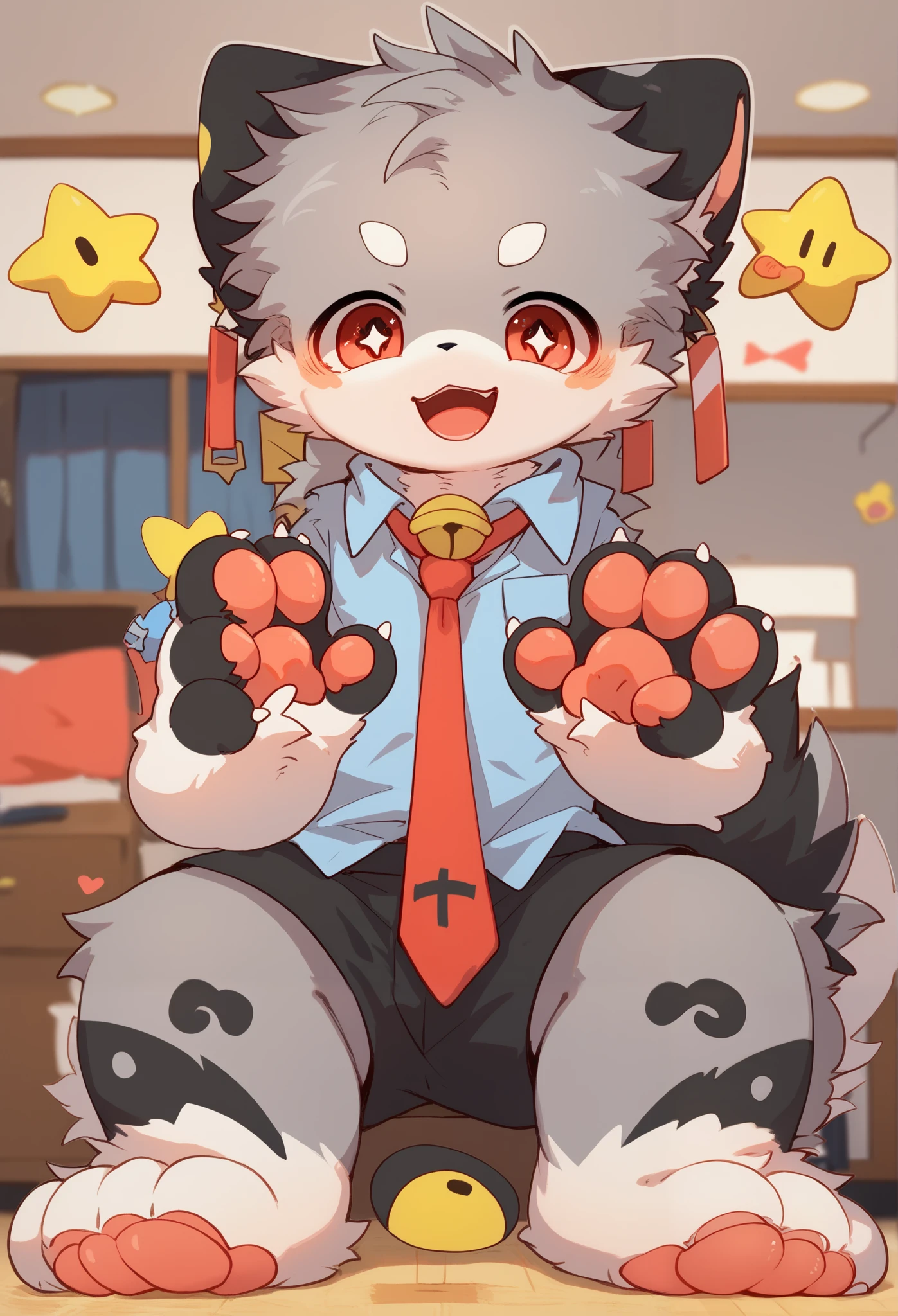 Very detailedな, Very detailed, brown hair gray hair , brown hair,, male,骨 を見てExcited,Heart Eyes,participate, , cute face,Sitting!,Tie a collar ,Black ears , like a fluffy fur ,Excited,Boy,漂亮Room , Room ,Smiley Face,Droopy ears,Solo,black shorts, stands,Hands holding a star
