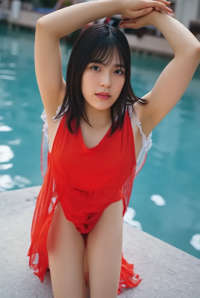 (8K, RAW Photos, Highest quality, masterpiece: 1.4), (Realistic, photoRealistic: 1.4), Super detailed, Ultra-high resolution, One Girl, Beholder, Beautifully detailed face, smile, (Slim waist: 1.0), Beautifully detailed skin, Skin Texture, Floating Hair, Professional Lighting, Middle Chest, Kind eyes,(small breasts:1.7), (beautiful wet nipples:1.6),(undressing:1.9), (:1.0), (law panty:1.5), (sleeveless wet blouse:1.25),(Feather Cut:1.0), (petite:1.0),(upper body:1.0)