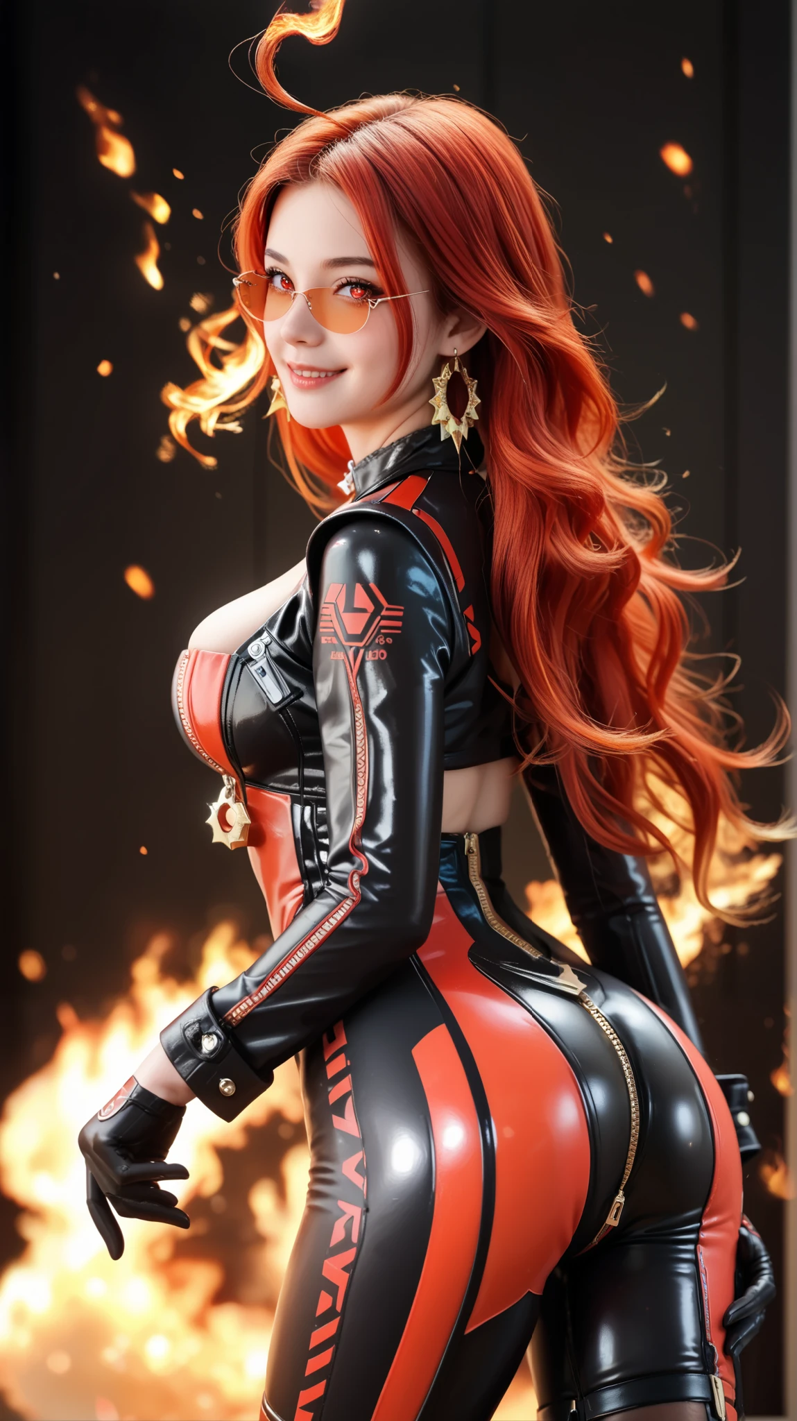 REALISTIC, ULTRA REALISTIC, PHOTOGRAPHY, Perfect anatomy, masterpiece, masterpiece, best quality, newest, absurdres, highres, 1girl, mavkdef, symbol-shaped pupils, red eyes, large breasts, red hair, long hair, ahoge, jewelry, earrings, choker, zipper, bodysuit, clothing cutout, cleavage, black gloves, long sleeves, fire, dynamic pose, foreshortening, seductive smile, from behind, teasing, ass, tinted eyewear,