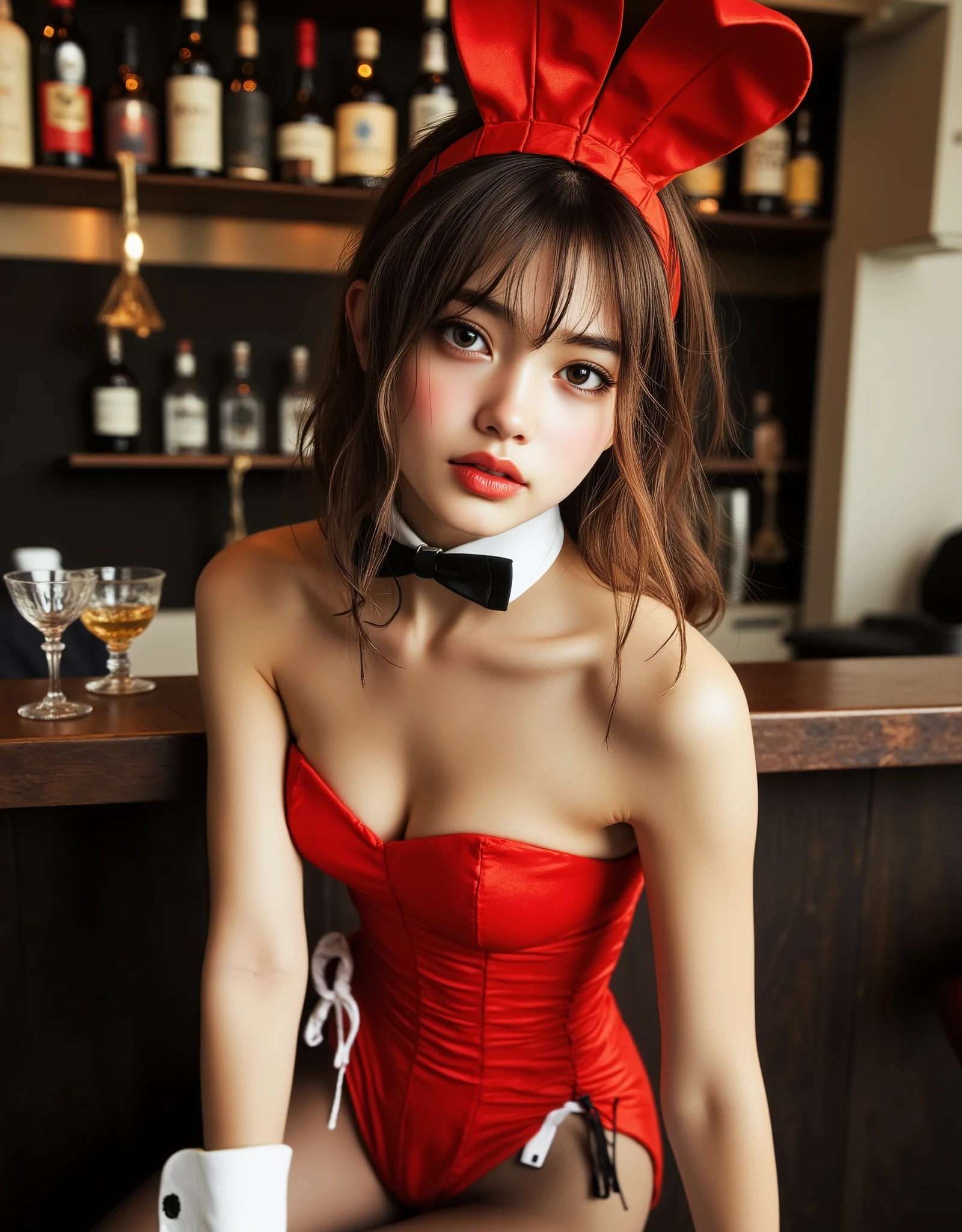 (((Anatomically accurate human structure))), (((masterpiece, Highest quality:1.4))), ((realistic, very detailed, best detailed skin, 超Hi-Res:1.4)), ((real skin texture:1.4)), ((SFW)), realistic写真, High Precision, absurd, Highest quality, ((face focus:1.4)), soft light on pussy, ( realistic:1.4), ( RAW photos ), (( shot from the front :1.3)), (( Shooting from the front :1.5)), (( upper body shot above the knee :1.5)), ( full body shot on one side:1.2), (The beauty and appeal of Japan's top actresses), studio light, Gentle Light, (Professional bright lighting), Shallow Depth of Field, (surreal), (Awareness-raising), (Hi-Res), (32K), ((Photorealistic:1.5)), (very detailed), (beautiful fine details), (Highest quality), (Super Detail), (wallpaper), (detail face), (beautiful smile), (beautiful expression), (Gradient Light Brown Fluffy Medium Hair), ( has bangs), ((1 subject )), ((Alone)), ((A very cute 22-year-old Japanese girl:1.5)), ((Pretty pretty and cute face:1.3)), ((Height: 160cm, Slim and slender)), (((Wearing a Red Bunny Girl Outfit:1.5))), ((Red Playboy Bunny Girl)), ((sitting on a counter seat at a fancy bar:1.5)), ((Standing next to a fancy bar counter)), ((Red Bunny Headband, Red High Cut Leotard, red bow tie , White cuffs, Black Fishnet Stocking, red high heels :1.5), realistic skin texture down to the smallest detail, shiny skin, full body,((Indoor shooting at a gorgeous and stylish bar)), (bottles of alcohol such as whiskey and bourbon from luxurious and famous brands are lined up on a shelf), (Beautiful cocktail glass on the bar counter They are lined up), (((Sexy and attractive body))), ( slim figure), ( tight thin stomach), (thin waist), Sculpture model, Graceful posture, ((Bold, Seductive, and Sexy Poses)), camera, (brown eyes:1.9), ( Detailed depiction of extremely realistic skin ), (Highly detailed, realistic eyes:1.9), ( extremely beautiful long realistic eyelashes ), (Highly detailed, realistic eyebrows), (丸いbrown eyes :1.8), ( beautiful catchlight on the eyes), (Realistic lips with moisture ), (White Realistic Teeth Arrayed Neatly), ( Beautiful and Detailed Face :1.6), ((there are cases where you can see a beautiful underarm by placing one hand behind your head)), (((camel toe))), (((A very cute smile with just a few teeth visible:1.5))), ((Very sexy cute smile :1.3)), (((sitting on one knee on a luxurious bed in a luxurious bedroom with legs spread quite wide apart:1.5))), (( show your hands as little as possible )), Show off your legs as little as possible , (Very sexy), (((camel toe))), ((beautiful shaped realistic breasts)), ((My armpits are sweaty)), (My cleavage is sweaty ), (My crotch is sweaty), (The groin is nice and smooth), (My armpit is clean and smooth ), (Accurate hand shape), (Accurate finger shape ), leg shape accurate , foot shape accurate, Eliminate extra legs , (5 fingers on one hand ), Eliminate extra hands , Eliminate extra arms , Eliminate extra legs , Eliminate extra legs , Eliminate extra fingers , Eliminate fingers that are too long , Ensuring accurate human body structure and balance, ((( others don't show any part ))), ((Show off your legs as little as possible :1.2)), (( color temperature 5500K ))