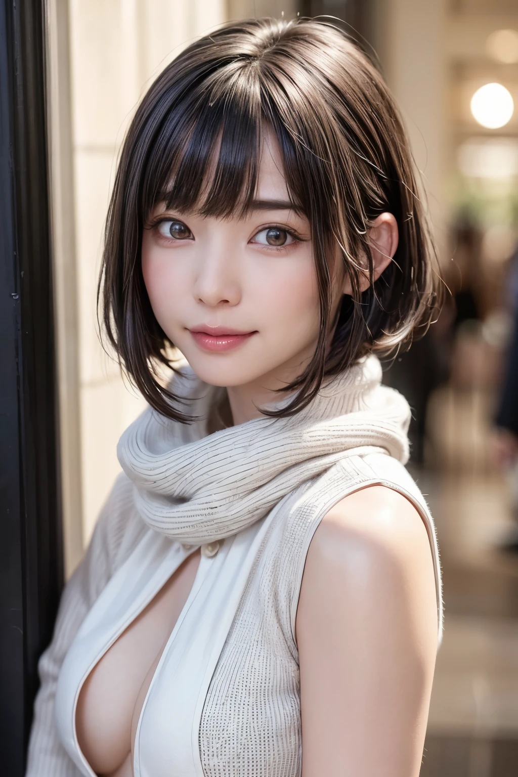 (masterpiece, highest quality),1 girl, alone, scarf, have, realistic, realistic, looking at the viewer, light colored black eyes, Brunette short bob hair with highly detailed shiny hair, Winter clothes, Whity, lips, bangs, outdoor, closed mouth, Upper body、Big eyes、eyelash、((There&#39;There&#39;There&#39;There&#39;There&#39;There&#39;There&#39;s really no background、really pure white background))、(((bangsのあるショートヘア、Big eyes、big and full chest、look at the audience、beautiful beauty、show me your ears、long neck、smile、please close your mouth and smile)))、ideal body proportions、（Tree-lined avenues in the winter wilderness of England）、{Huge|big|Hugeな|mega} chest, cleavage