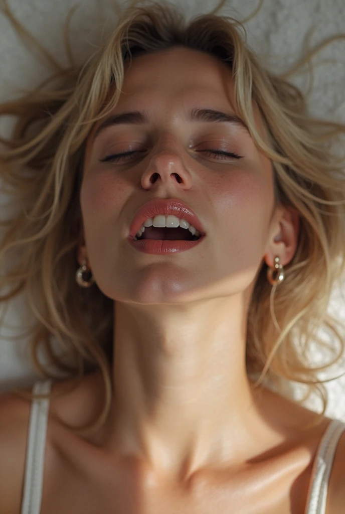 Uma garota brasileira de 18 anos linda deitada, with the mouth wide open and the tongue out, with the mouth wide open and the tongue out, cabelos longos, ela grita alto, olhos fechados,, she has her eyes closed, her mouth is open as wide as possible, ela boceja, ela tem uma cara ruim, She's angry, she is sleepy and lying in bed, ela grita alto, She stretches her arms up, and one of the hands is in front of the mouth, she wears red lingerie and lace bra, ela tem cabelos longos, hair as long as possible, she is blonde she has blonde hair, cabelos longos espalhados na cama