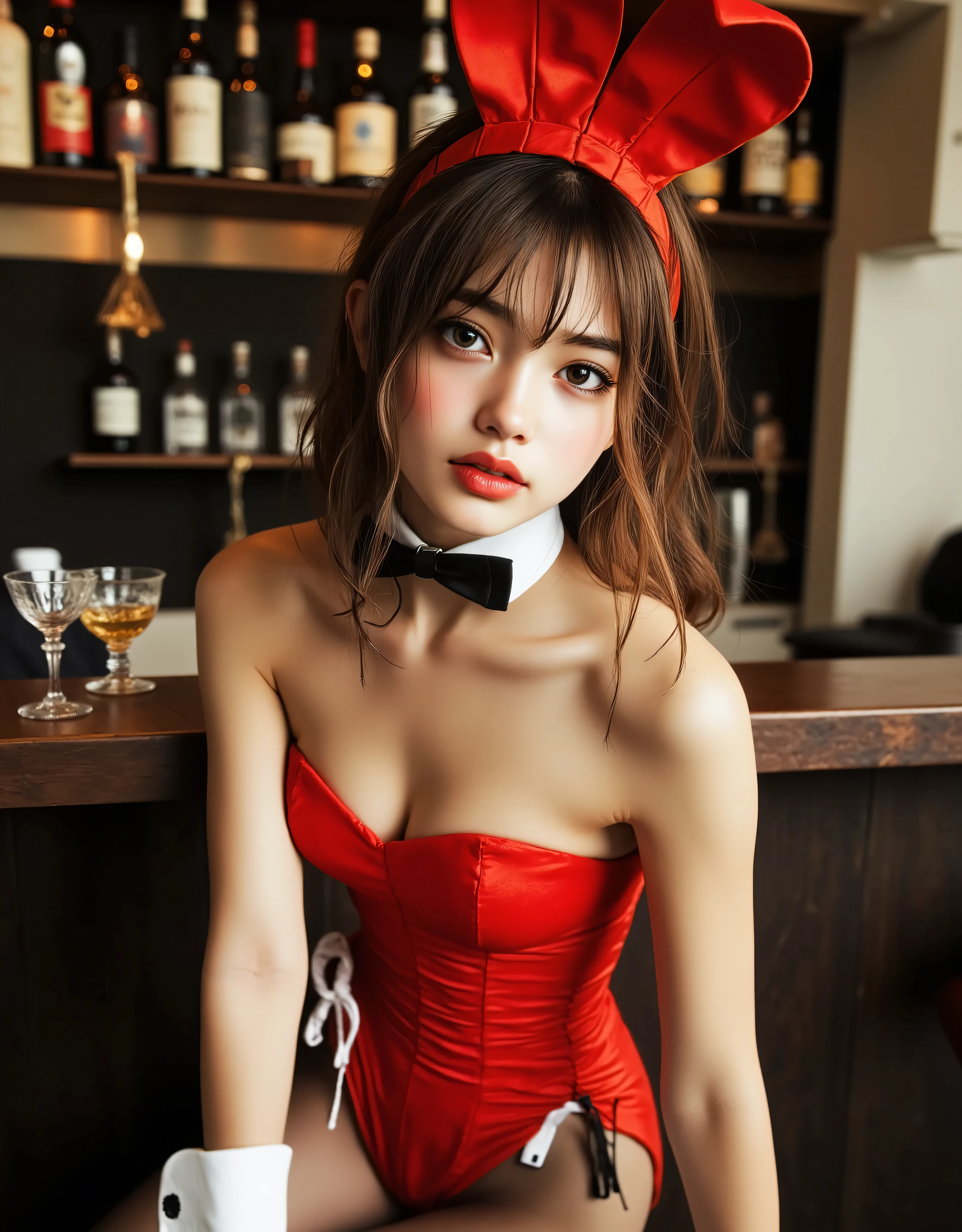 (((Anatomically accurate human structure))), (((masterpiece, Highest quality:1.4))), ((realistic, very detailed, best detailed skin, 超Hi-Res:1.4)), ((real skin texture:1.4)), ((SFW)), realistic photo , High Precision, absurd, Highest quality, ((face focus:1.4)), soft light on pussy, ( realistic:1.4), ( RAW photos ), (( shot from the front :1.3)), (( Shooting from the front :1.5)), (( upper body shot above the knee :1.5)), ( full body shot on one side:1.2), (The beauty and appeal of Japan's top actresses), studio light, Gentle Light, (Professional bright lighting), Shallow Depth of Field, (surreal), (Awareness-raising), (Hi-Res), (32K), ((Photorealistic:1.5)), (very detailed), (beautiful fine details), (Highest quality), (Super Detail), (wallpaper), (detail face), (beautiful smile), (beautiful expression), (Gradient Light Brown Fluffy Medium Hair), ( Has bangs), ((1 subject )), ((alone)), ((A very cute 22-year-old Japanese girl:1.5)), ((Pretty pretty and cute face:1.3)), ((Height: 160cm, Slim and slender)), (((Wearing a Red Bunny Girl Outfit:1.5))), ((Red Playboy Bunny Girl)), ((sitting on a counter seat at a fancy bar:1.5)), ((Standing next to a fancy bar counter)), ((Red Bunny Headband, Red High Cut Leotard, red bow tie , White cuffs, Black Fishnet Stocking, red high heels :1.5), realistic skin texture down to the smallest detail, shiny skin, full body,((Indoor shooting at a gorgeous and stylish bar)), (bottles of alcohol such as whiskey and bourbon from luxurious and famous brands are lined up on a shelf), (Beautiful cocktail glass on the bar counter They are lined up), (((Sexy and attractive body))), ( slim figure), ( tight thin stomach), (thin waist), Sculpture model, Graceful posture, ((Bold, Seductive, and Sexy Poses)), camera, (brown eyes:1.9), ( Detailed depiction of extremely realistic skin ), (Highly detailed, realistic eyes:1.9), ( extremely beautiful long realistic eyelashes ), (Highly detailed, realistic eyebrows), (丸いbrown eyes :1.8), ( beautiful catchlight on the eyes), (Realistic lips with moisture ), (White Realistic Teeth Arrayed Neatly), ( Beautiful and Detailed Face :1.6), ((there are cases where you can see a beautiful underarm by placing one hand behind your head)), (((camel toe))), (((A very cute smile with just a few teeth visible:1.5))), ((Very sexy cute smile :1.3)), (((sitting on one knee on a luxurious bed in a luxurious bedroom with legs spread quite wide apart:1.5))), (( show your hands as little as possible )), Show off your legs as little as possible , (Very sexy), (((camel toe))), ((beautiful shaped realistic breasts)), ((My armpits are sweaty)), (My cleavage is sweaty ), (My crotch is sweaty), (The groin is nice and smooth), (My armpit is clean and smooth ), (Accurate hand shape), (Accurate finger shape ), leg shape accurate , foot shape accurate, Eliminate extra legs , (5 fingers on one hand ), Eliminate extra hands , Eliminate extra arms , Eliminate extra legs , Eliminate extra legs , Eliminate extra fingers , Eliminate fingers that are too long , Ensuring accurate human body structure and balance, ((( others don't show any part ))), ((Show off your legs as little as possible :1.2)), (( color temperature 5500K ))