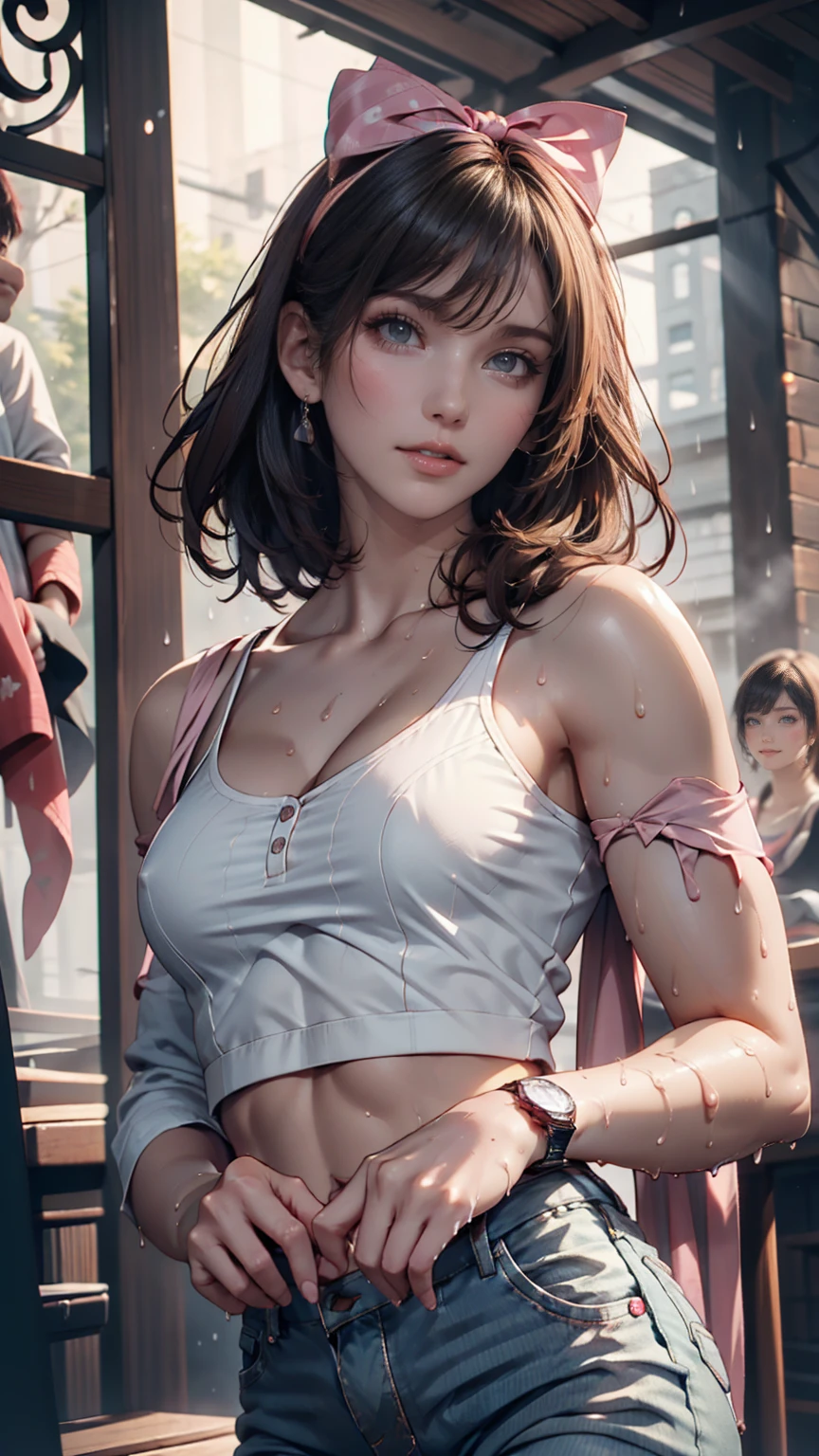 masterpiece, highest quality, Super detailed),(One girl), blue eyes, short hair, Brunette, Dynamic Angle, Dynamic pose, Natural light, floating, (Color Top:1.2|Black Top), (Tight Skirt:1.2|Leather pants:0.9), (Silver Bracelet:1.2|clock), (Natural background:0.8| Cityscape), (smile:0.8| Serious expression), (Light in the hair), lots of water droplets:0.8