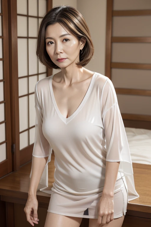 (highest quality、masterpiece、detailed、High resolution、8K、Photorealistic、Sharp focus、High-level image quality)
(Plain background、Professional Lighting、非常にdetailedな、Depth of written boundary)
(Mature Woman、65 years old、Japanese、Beauty、housewife、Aunt、Elegant、美Mature Woman)、
(Full body image、Turn around、look back、Stick your butt out、looking at the camera、Staring at the audience)、
(Big Breasts、K-Cup Bust、Large areola、Erect nipples、,、Huge Ass、Thick thighs、Loose body、Voluptuous body、Thick upper arms)、
(Perfect beautiful face、round face、Small face、Sharp jaw、Big Nose、Slit eyes、Cat-like eyes、Dimples、Wrinkles at the corners of the eyes、Dark circles in the eyes、Clear double eyelids、Nasolabial folds)、
(Anxious expression、A stern glare)、
(White T-shirt、White shorts、Tight Wear、Made from cotton)、
(short hair、Light brown、Rough perm waves、Show your forehead)、
(Exposed Skin、Bra and panties are visible、T-back panties)、