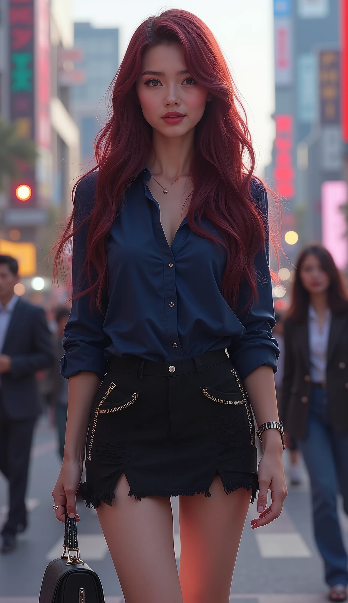 masterpiece、very detailed、Highest quality、 photos、realistic、 1 female、A dark blue shirt and a black miniskirt、 facial details 、very long hair、 maroon hair、beautiful eyes、 in a crowd、I'm standing near the Shibuya station intersection。