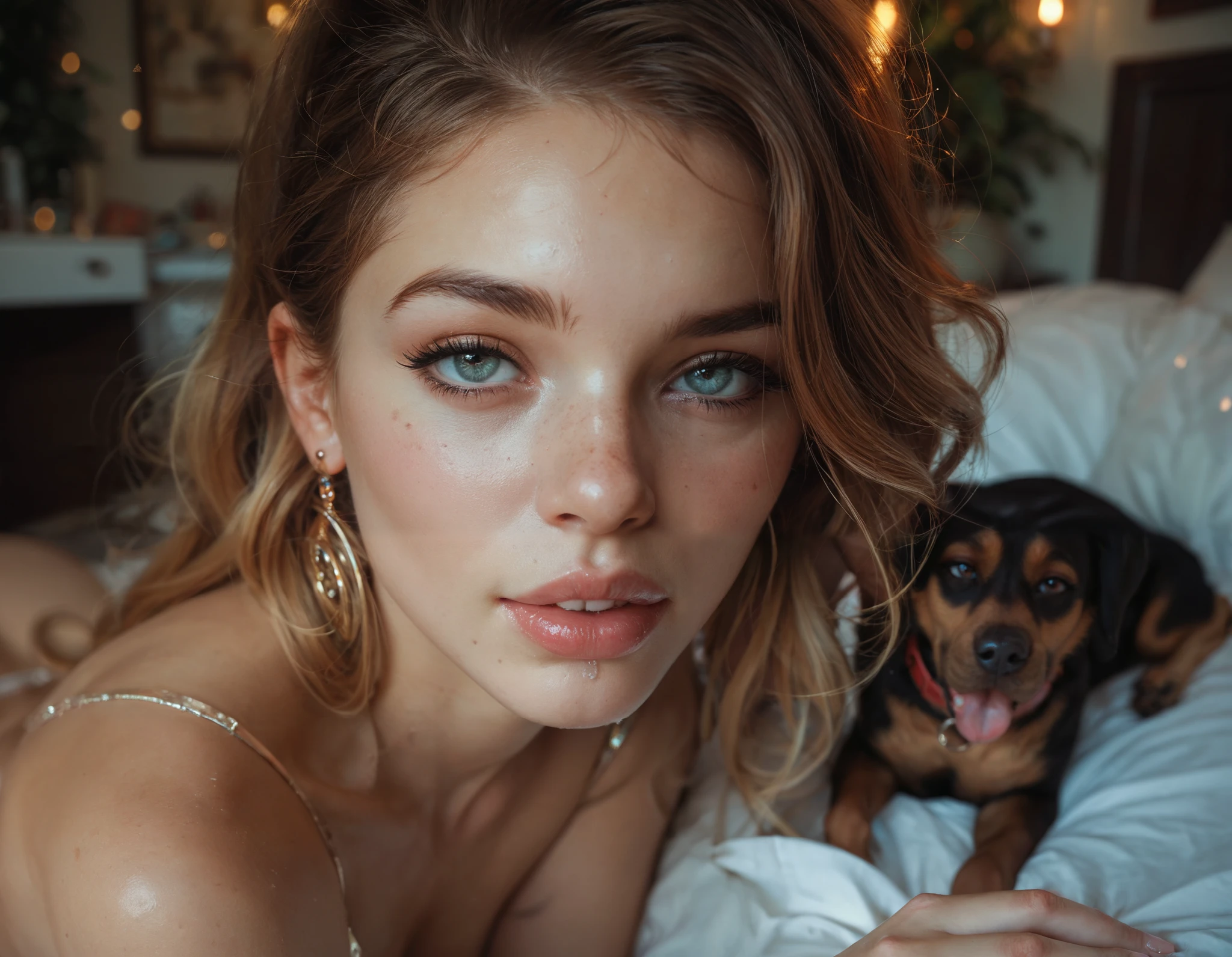 mujer rubia acostada en una cama con un perro durmiendo a su lado, daisy keech, modelo de instagram, cara sexy, nicole aniston, olga buzova, diosa rubia, sydney hanson, anastasia ovchinnikova, rubia, retrato de nicole aniston, angie glocka, hermosa dama, en la cama, con perros, angelina stroganova
