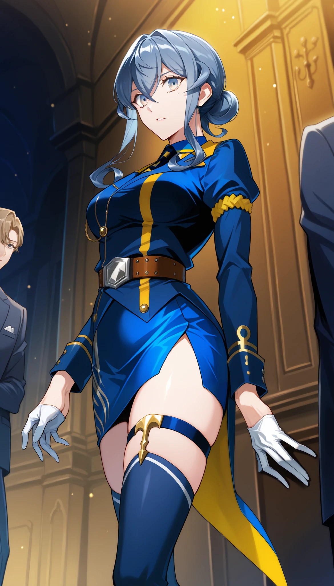 score_9, score_8_up, score_7_up, source_anime, Game CG Gotland Andorra KC, 1 girl, alone, Long Sleeve, jacket, collared shirt, belt, white gloves, hair bun, blue skirt, uniform, thigh strap, single hair bun, blue shirt, Blue Sailor Color, Tuxedo , blue thigh high socks, half gloves, Pencil Skirt,panties, skirt lift,