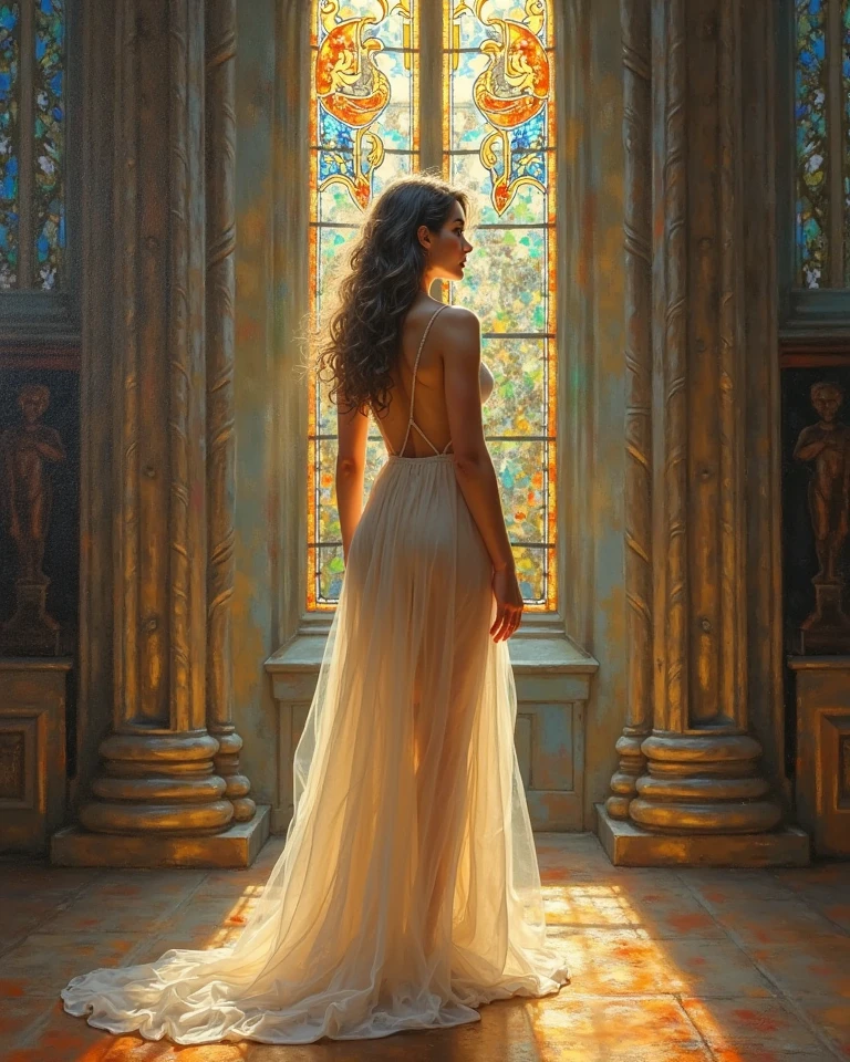 Drawing from a book of a beautiful princess with bronze hair and green eyes inside a castle hearing knocking on the front door on a cloudy afternoon full body drawing