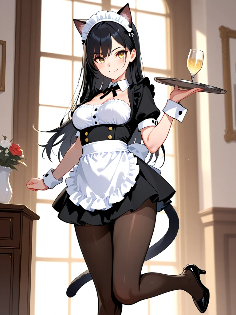 (masterpiece, best quality:1.2), aka6, 1girl, solo, medium hair, black hair, green eyes, cat eyes, slim body, cheerfull, happy, blush, closed mouth, small breasts, maid outfit, catgirl