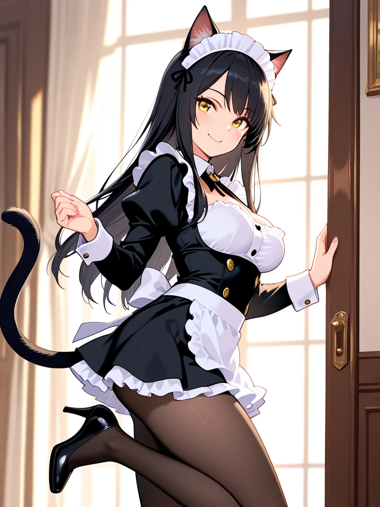 (Best quality),(Detailed), (1 girl),Kizi,a cat tail,There are cat ears on the top of the head,white thighhighs, short detailed hair,brunette color hair,Medium breasts,the maid outfit,Lift the skirt to reveal the panties