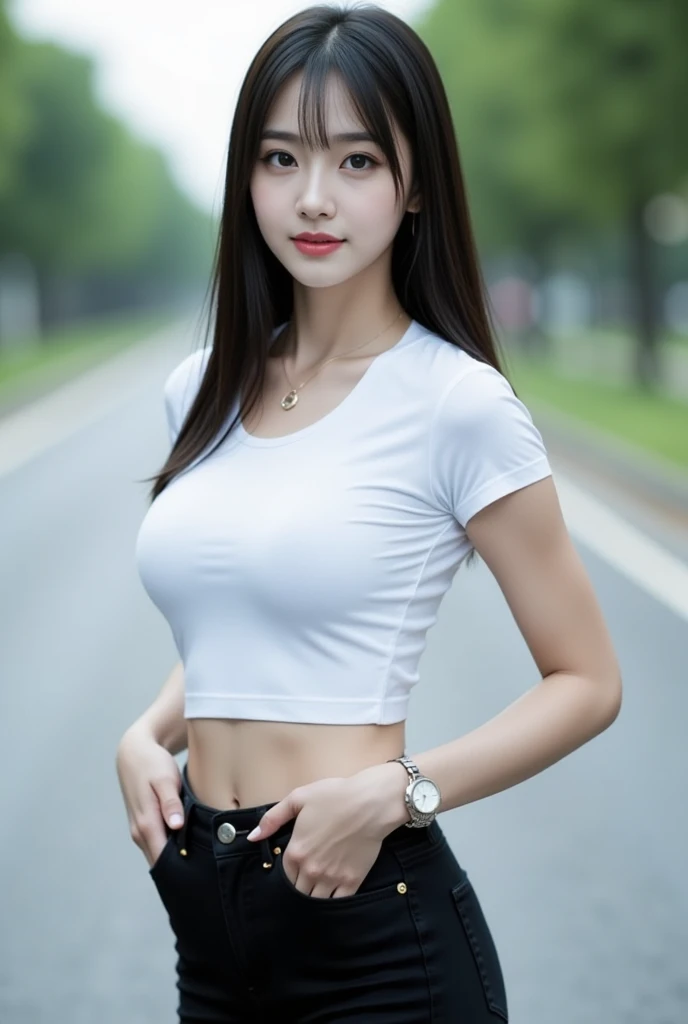 Ultra-realistic realistic textures Dramatic lighting Unreal Engine Trend, Nikon Raw Photo, 8 K, Fujifilm XT3, Masterpiece, Best Quality, Reality, 1 Girl, Cute, Solo, , (Crop Top Top), (Short Sleeve T-shirt), (White Leggings), ((City Street)), Brown Wavy Curls, (Seven-doppelganger Lens), (Glasses), Looking at Camera, Standing, (Cameltoe), (Skindentation),