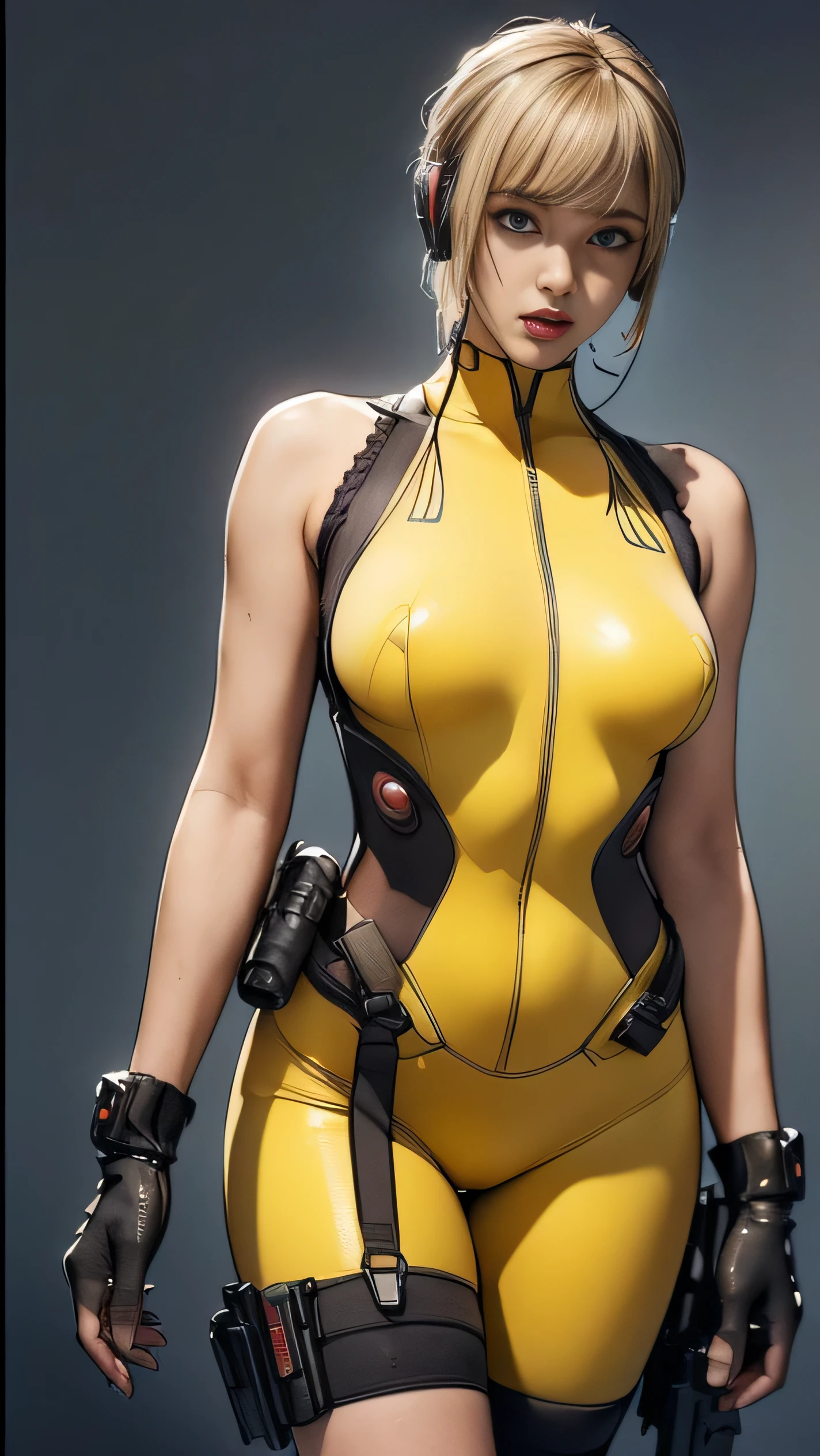(A woman),(((A female special forces member stands))),((Yellow tactical High leg bodysuit:1.5)),((earphone:1.5)),((Tactical Holster:1.5)),(Gloves:1.5),(Serious:1.5),(Super short hair:1.5),(bionde:1.5),(beautiful eyes:1.3),(Very detailedな顔:1.5),((Very detailed drawing of a female hand:1.5)),((muscular:1.5)),(Sexy appearance:1.5),((Thick thighs:1.5)),(Beautiful Body:1.5),((Very sensual:1.5)),(The backdrop is a futuristic city:1.5),(Cyberpunk atmosphere:1.5),(((Blurred Background:1.5))),(Written border depth:1.5),rest(((masterpiece:1.5),(best quality:1.5),(Very detailed:1.5),(high resolution:1.5),(Practical:1.5),(Practical:1.5),(Delicate depiction),(Carefully drawn))),8k,wallpaper