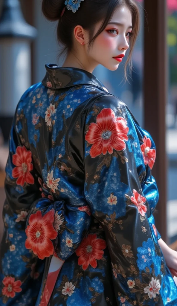 ((Top Quality, 8k, Masterpiece: 1.3)), 1 Girl, Smile, Full Body, Slim Face, Pretty Woman, Composition taken from the back, where the nape of her neck is beautifully visible, (Free hair color), Free Color yukata Dresses: 1.1, Zori, Ultra Detailed Face, Fine eyes, double eyelids, blurred background, slim face, city, outside, street
