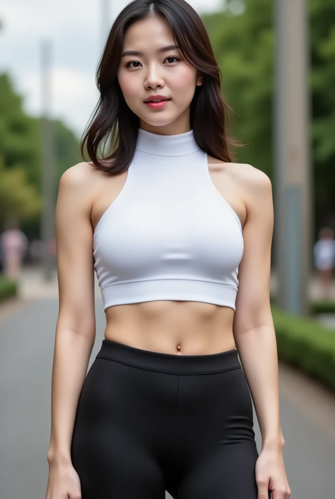realistic, very detailed CG 통합 8K Dendenden 배경화면, Detail, High-quality RAW color photos, professional photography, (8K, raw photo, top quality), (realistic, realistic: 1.37), transcendent beauty, young and cute, mix, Glossy skin, big bust, (cleavage of breasts:1.2), (fair face:1.2), best quality, high resolution, hyper detail, very detailed, fancy, (strappy sleeveless painted t-shirt:1.3), (jogger pants shorts:1.2), (depth of field), (SamDoesArt1:0.4), (Style - Jogger short pants:0.6), light brown hair, hair blowing in the wind,