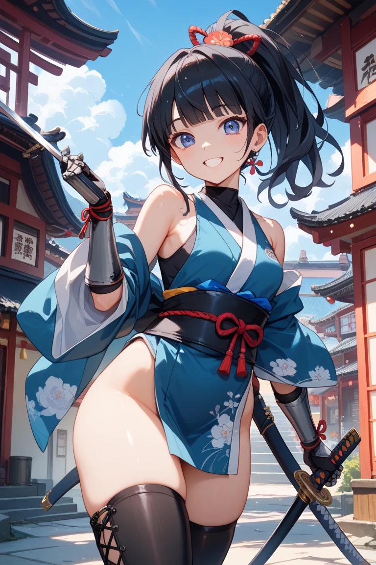 Masterpiece, super high quality, super detail, perfect drawing, CG, 3D, 8k, illustration, beautiful face girl, one Japan beautiful girl, samurai costume, kimono, kimono, hakama, black hair, ponytail, large red ribbon, equipped with two Japan swords on the left waist (120cm sword, wakizashi 90cm), Japan armor, back of hand, bowl metal (bowl roll with metal plate on the forehead), hanging eyes, cute, dignified and cute expression, cute smile, hands on sword hilt, round cute buttocks, turn around with a smile, butt sticking out pose, 3 sizes B90W60H95, moonlight leaking from the clouds, old castle, ruins, gradient sky, beautiful girl in loincloth Japanese clothes Shirtless Rich breasts Back appearance Cute Well-formed face Loli big ass Look back with a cute smile MeasurementsB95W60H90, master-piece, hyper quality, hyper detailed,perfect drawing,solo, brilliant, beautiful, majestic, elegant, glittering, flower and bird wind moon, fantastic, passionate, dynamism, sense of speed, quaint masterpiece, super high quality, super detail, perfect drawing, cg, 3d, 8k, illustration --auto --s2