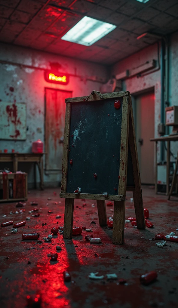 (masterpiece, best quality, photo-realistic, high resolution:1.3), intimidating WWII interrogation room, (muted dried blood spatters:1.2) on cold concrete walls, rough wooden table, (assortment of rusty metal tools:1.2), scattered official documents, creaky metal chair, eerie light from single bare bulb, metal barred window, faded sepia tones, (old photo effect:1.2), somber atmosphere, diagonal shot.