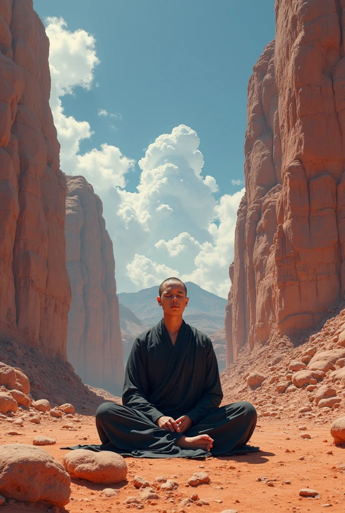 I would like an image of me sitting with my eyes closed meditating in a place like a canyon with rocks, sky and red earth... Wearing a ritualistic black robe