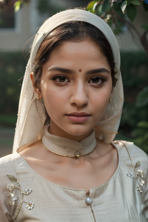 A realistic avatar of an Indian Muslim girl of age 21 with Indian skin tone, facial aspect ratio of 1, black eyes, pink lips, clean and clear face, dark eyebrows, straight nose, smiling face, wearing white salwar, black kameez, white dupatta and red hijab, standing in a place where lighting is natural. The AI image should look completely realistic