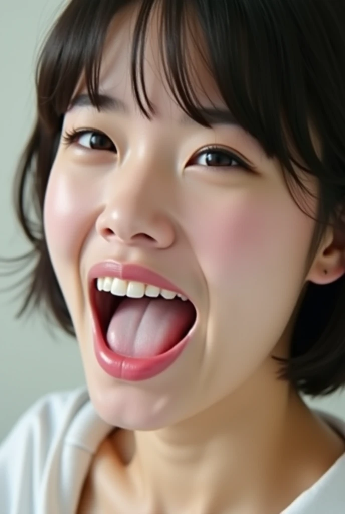 Highest quality,Japanese Idols, Short Hair、bangs、Award-winning photo, Very detailed, Edge Orgasm, Face Focus, (Woman with open mouth and closed eyes ), Age 25、Black Hair、 News anchor、Glowing Skin,From below、Realistic nostrils、Browsing Caution,Shortcuts、Big Breasts、Vibrator prank in public, 公共の場でのBig Breasts女性, She leaned back., (She closed her eyes), she yawns, Hand holding a pink remote control outside the frame, She wants you to stop using vibrators