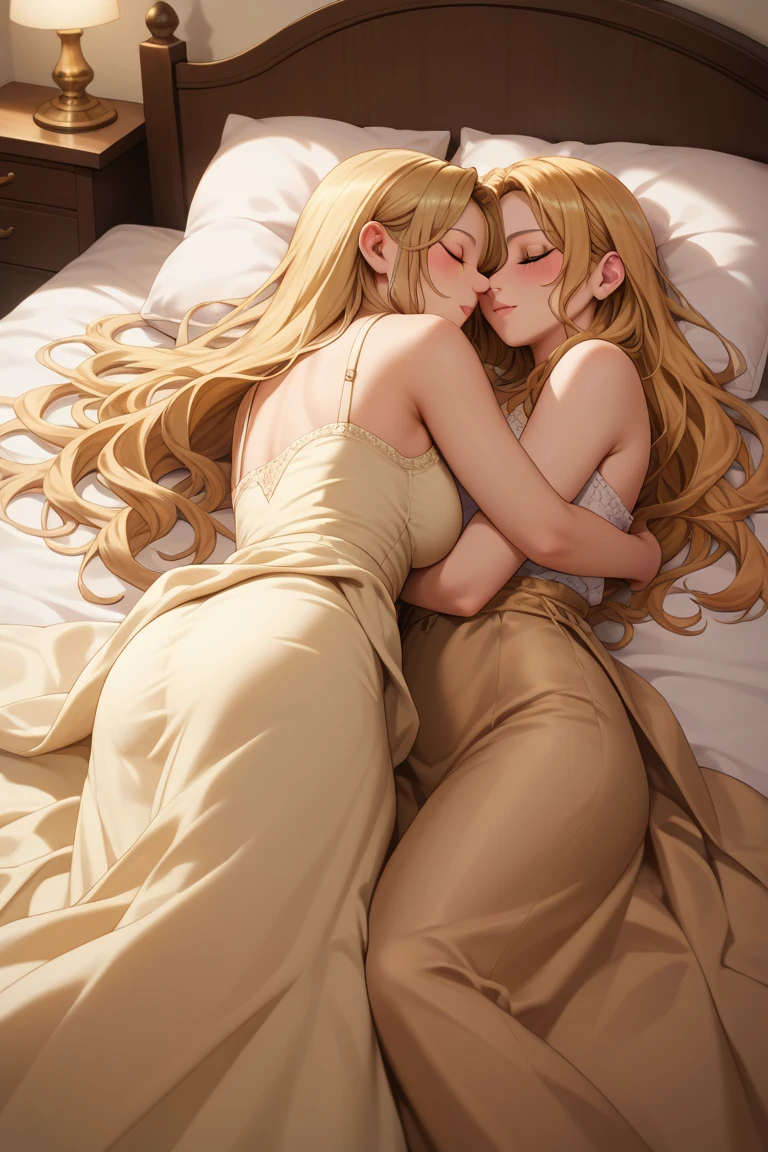 1 girl, kei Karuizawa, blonde, long ponyt,,ail, violet eyes, bangs, white transparant nightgown, sleeping, sleeping in bed, breast, pans, white panty, transparant dress, nightgown, bra, medium breast, pink nude