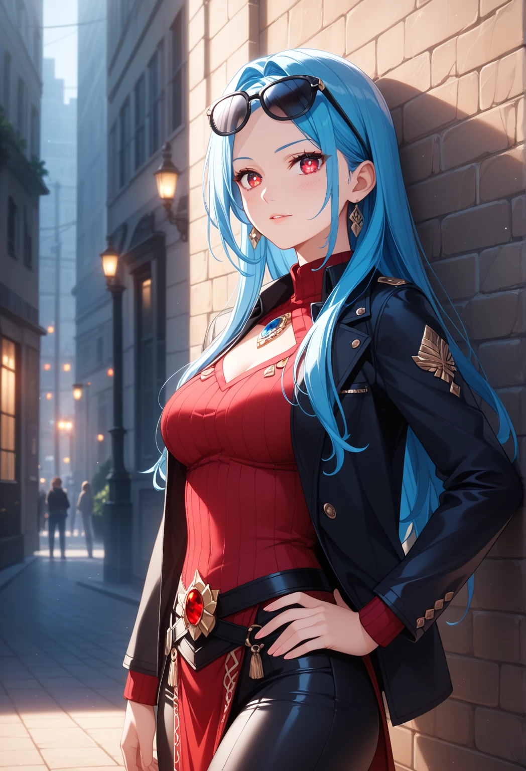 (masterpiece: 1.3), (best quality: 1.2), (absurd), skin pores, (skin dentition: 1.2), (mature female), eula \(genshin impact\), (Eula Lawrence: 1.3), (detailed illustration), intricate detail, (face), nsfw, wet, blue hair, detailed eyes, ornate, leaning against the wall, dark alley, aviator sunglasses, red lipstick, (Trench Coat:1.2), Knee high boots, Fit, Magic medieval Street, intricate, Tattoos, Earrings. Neckline, night, keeps the coat closed, trend in CG society, trend in Artstation. Intrigue, Suspicion, --auto --s2