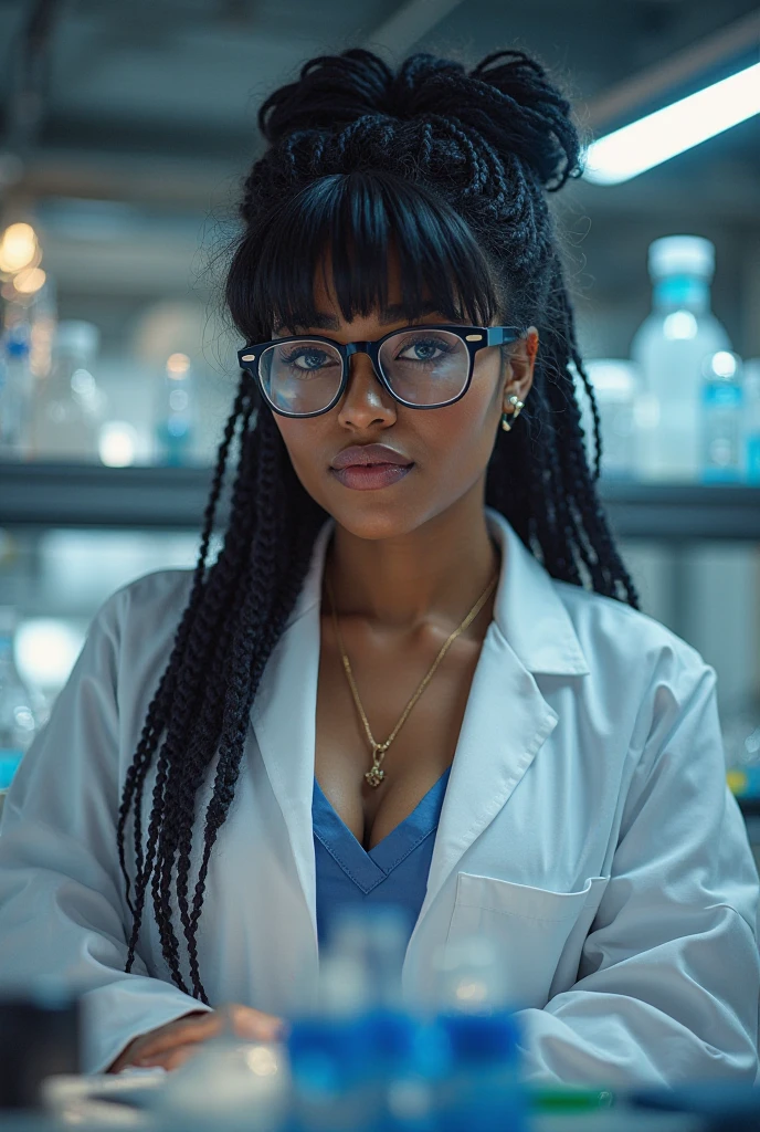 A portrait of a beautiful real life brown skinned lady nurse with glasses sitting in laboratory background about to make a presentation