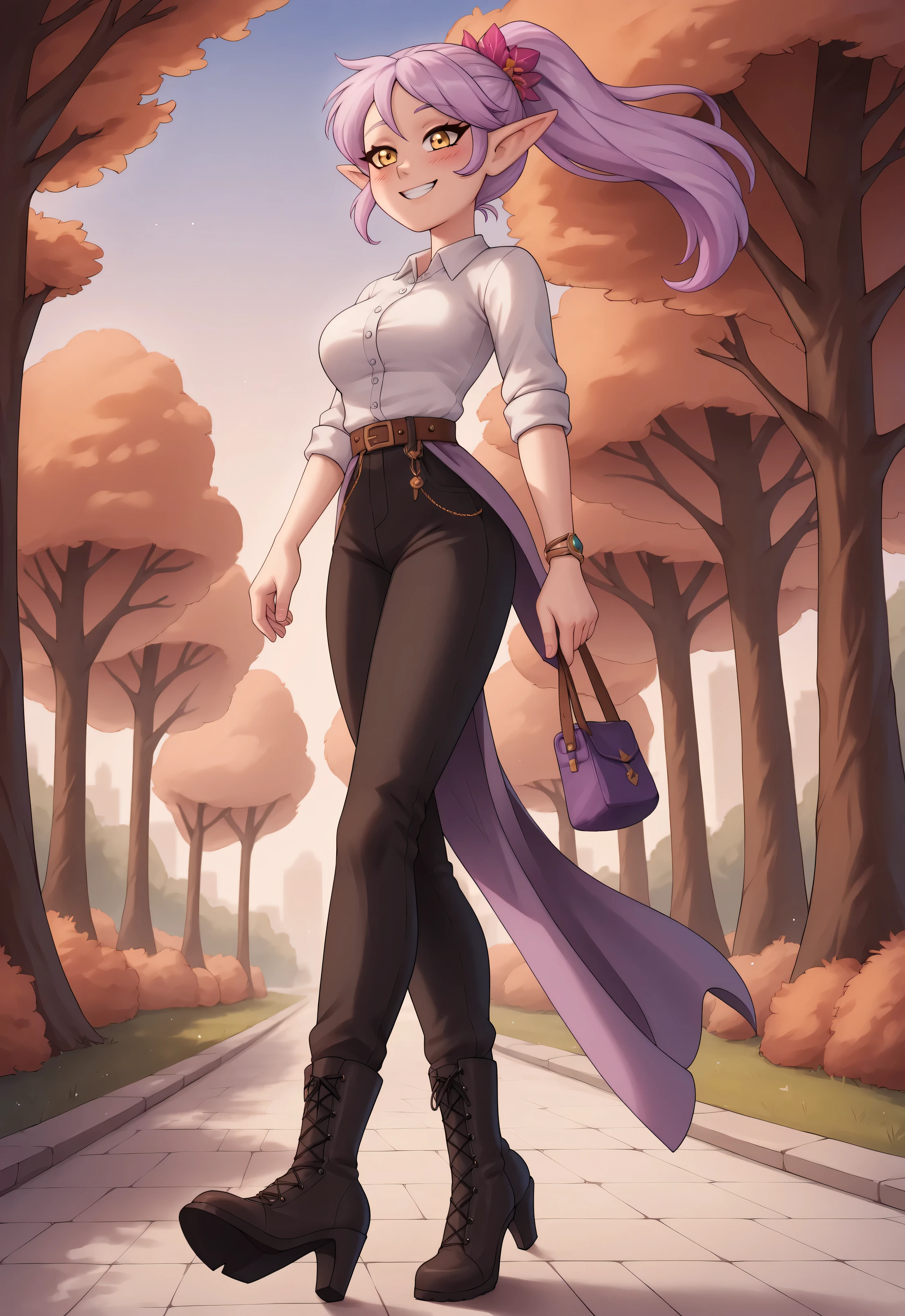 (4K HD Quality), score_9_up, score_8_up, score_6_up, anthro, solo, 1girl, female, elf, lavender hair, long hair, golden eyes, medium large breasts,
(Amity_Blight_Season_3_Version), (ponytail_hair_style),
blush, perfect teeth smile, looking at view,
day, shirt, long pants, high heel boots, walking, park, tree, view from below,