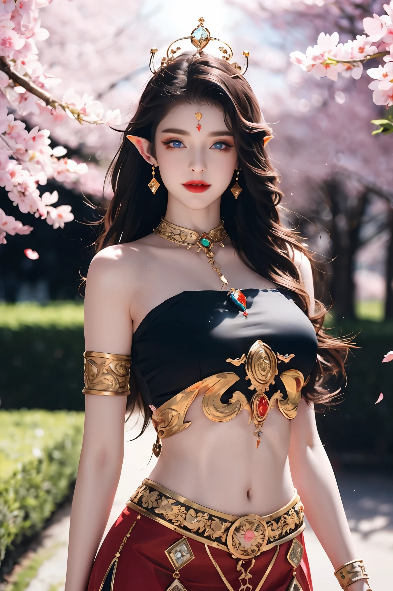 One 20 year old girl, breast 1.1, navel,upper body,bare shoulders,wears tube top,red skirt, blue gems,shiny skin,hand in own hair,(mature female),milf, medusa, deep blue eyes, jet black long hair, 8k resolution high quality,background: around the garden surrounded by Sakura trees with fluttering sakura petals, from head to thighs, hourglass figure, bare round shoulders, exposed midriff, a tilak on her forehead,ornamental logo on her forehead, snake crown, necklace, earings with blue gem, long black hair bangs, pointy ears,golden bracelet,Bright lightening under the sun through sakura canopy. High quality 16k resolution,( HDR :1.5), cinematic look, ultra-detailed,ultra lightening, (photorealistic :1.2), long thin straight eyelashes, dense black eyelashes,sharp eyes, diamond shaped head, straight nose, closed heart shaped lips
