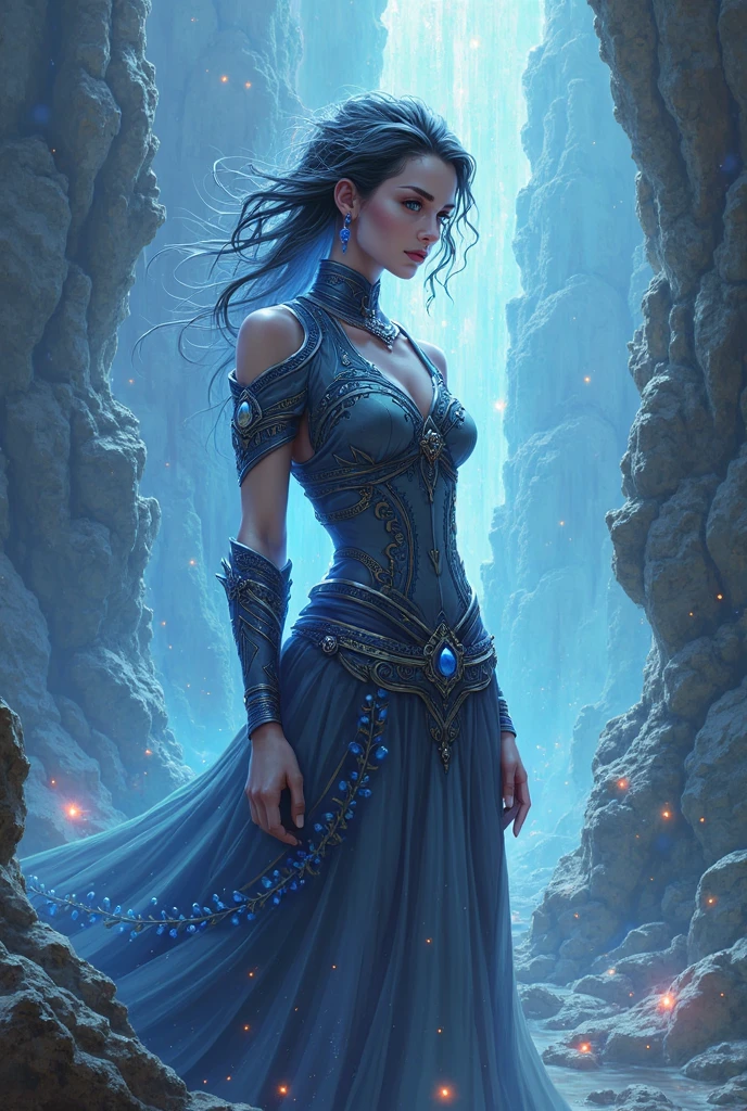 Imagine an animation set in a landscape of ancient ruins composed of minerals that shimmer with metallic blue hues. At the heart of this surreal landscape stands a beautiful girl, dressed in a gown that appears to be made of swirling metallic blue smoke, flowing and twisting around her like it has a life of its own. As the story unfolds, the mineral ruins reveal their mysteries, emitting faint glimmers of light that subtly illuminate the surroundings. The girl seems in harmony with the landscape, her enigmatic presence suggesting a deep and ancient connection between herself and the ruins.