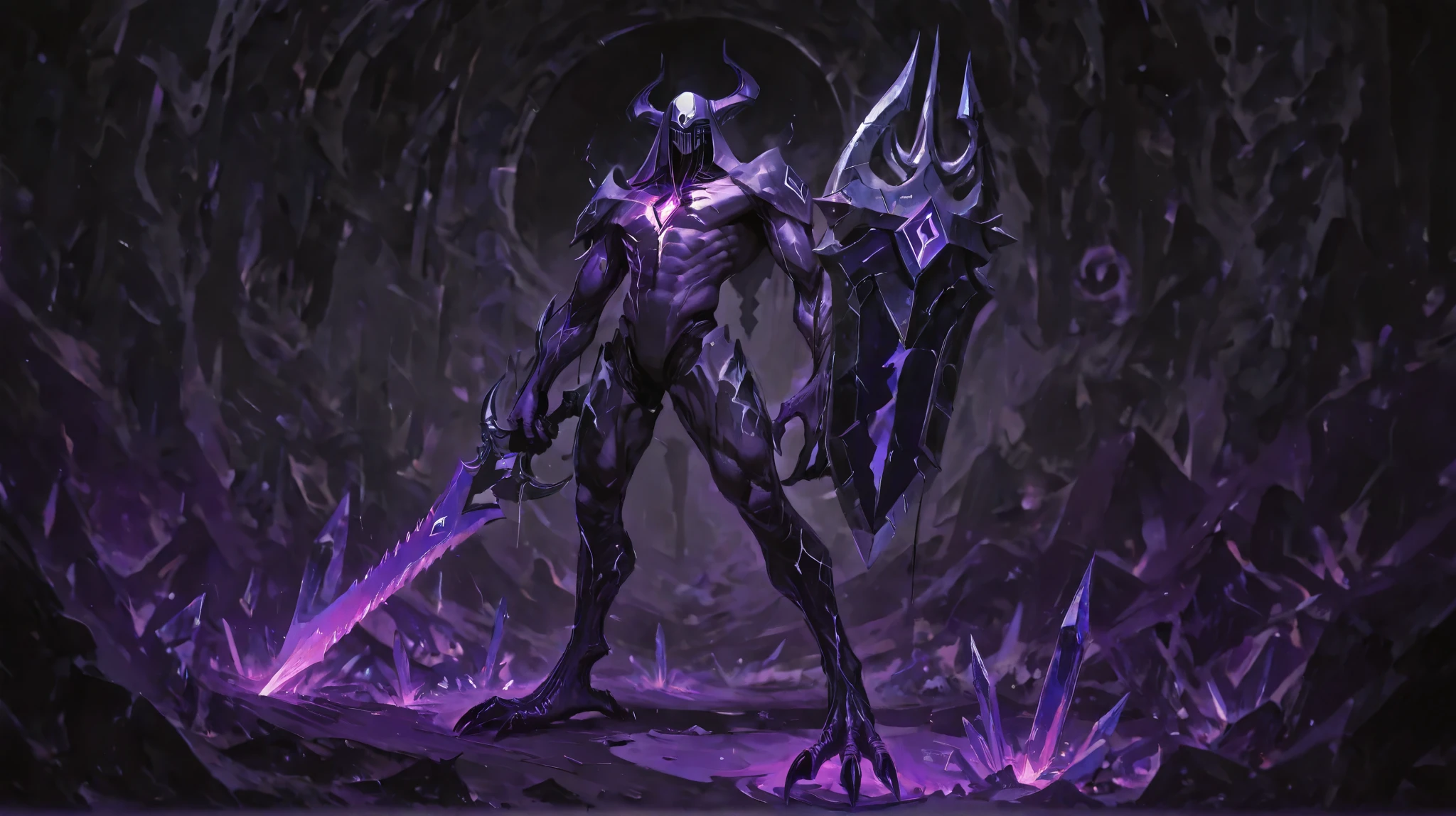 A towering, muscular humanoid warrior stands in a dark mine, his body smooth, organic, and entirely white, shaped for power and agility. Though not human, his broad shoulders, strong limbs, and defined chest give him a distinctly masculine presence.
His face is hidden behind a sloped, diamond-like mask, a single faceted crystal that completely obscures his features from the front but reveals his mouth when viewed from the side.
His right arm forms a long, twin-edged diamond blade, seamlessly fused with his body, while his left arm bears a solid, curved crystal shield, both mystic purple and razor-sharp.
His legs end in hawk-like feet, each with three forward-facing diamond talons and one rear claw for balance. The phalanges are individual crystalline segments, overlapping for flexibility, with the three main talons larger and deadlier.
At the center of his chest, a glowing runic symbol pulses with mystic purple energy, its power spreading like veins of light across his torso.
The mine is vast and shadowed, filled with luminescent purple crystals, their eerie glow casting shifting reflections on his battle-forged form. A thin mist swirls around him as he stands, a guardian of raw strength and mystic energy