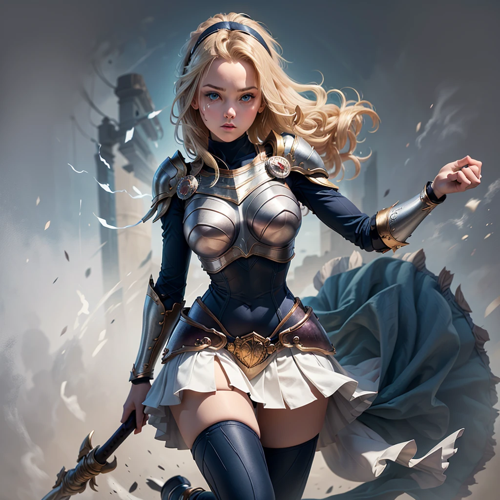 beautiful detailed face,big detailed face,in battle,blonde hair flowing in the wind,captivating blue eyes,sharp features,strong and determined expression,elaborate armor and weaponry,cracked, glowing sword,mystical energy surrounding her,mid-air pose,leaping towards an enemy,action-packed background with explosions and debris,her flowing cape billowing behind her,backlit by the setting sun,with intensity and power,professional,vivid colors,sharp focus,bokeh lighting, the scene exudes an epic cinematic feel.