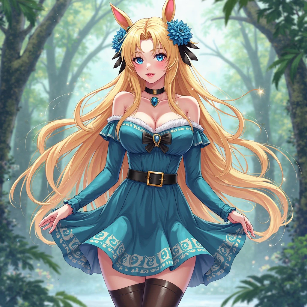 fox girl, sexy, long blonde hair, dress, cleavage, large breasts