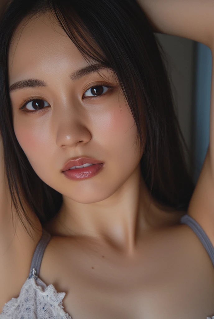 slim asian wearing male with ponytail on top of head, close-up, flirting